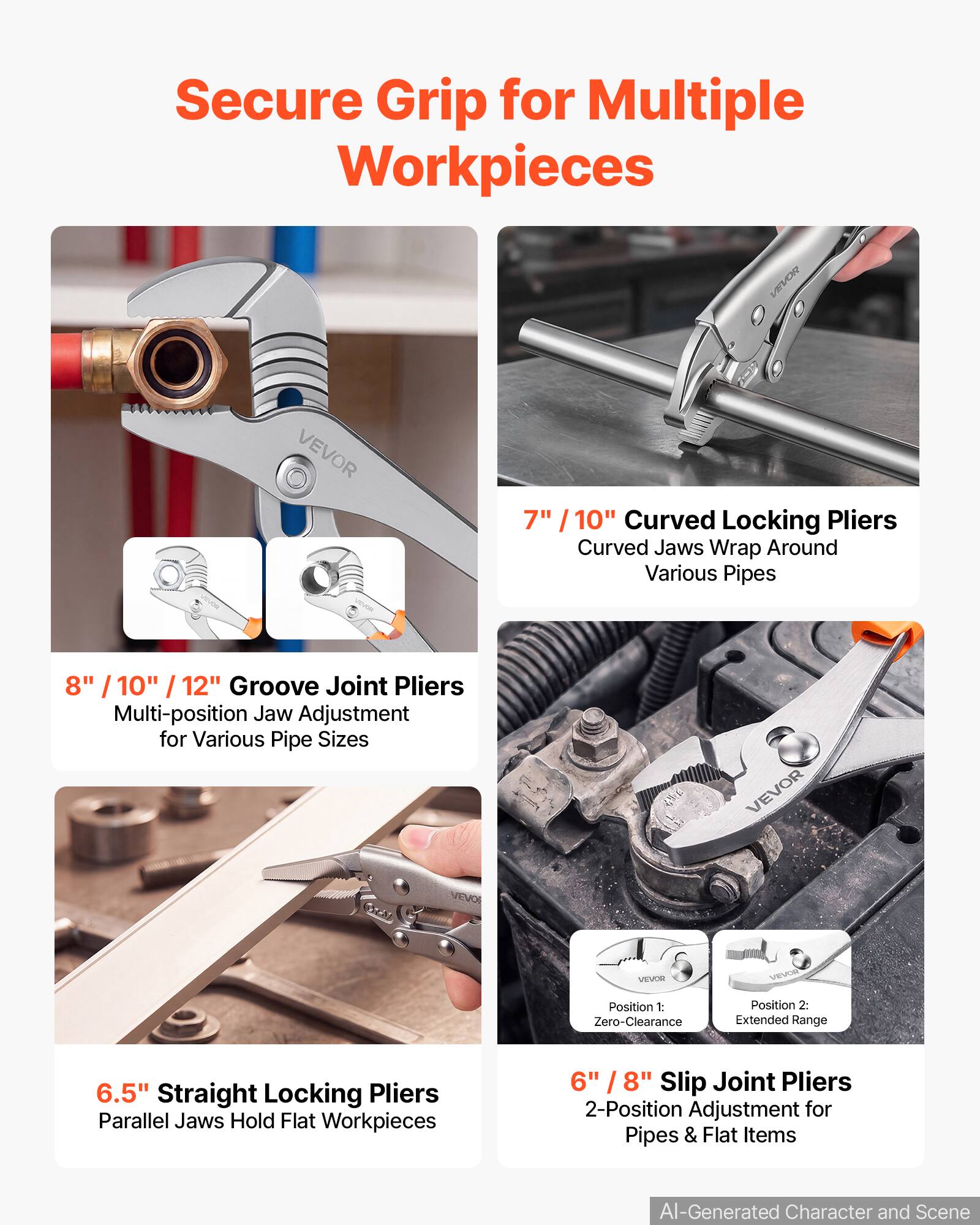Secure Grip for Multiple Workpieces

VEVOR

7" 10" Curved Locking Pliers Curved Jaws Wrap Around Various Pipes

8" / 10" / 12" Groove Joint Pliers Multi-position Jaw Adjustment for Various Pipe Sizes

VEVOR

6.5" Straight Locking Pliers Parallel Jaws Hold Flat Workpieces

6" / 8" Slip Joint Pliers 2-Position Adjustment for Pipes & Flat Items

Position 1: Zero-Clearance

Position 2: Extended Range

AI-Generated Character and Scene