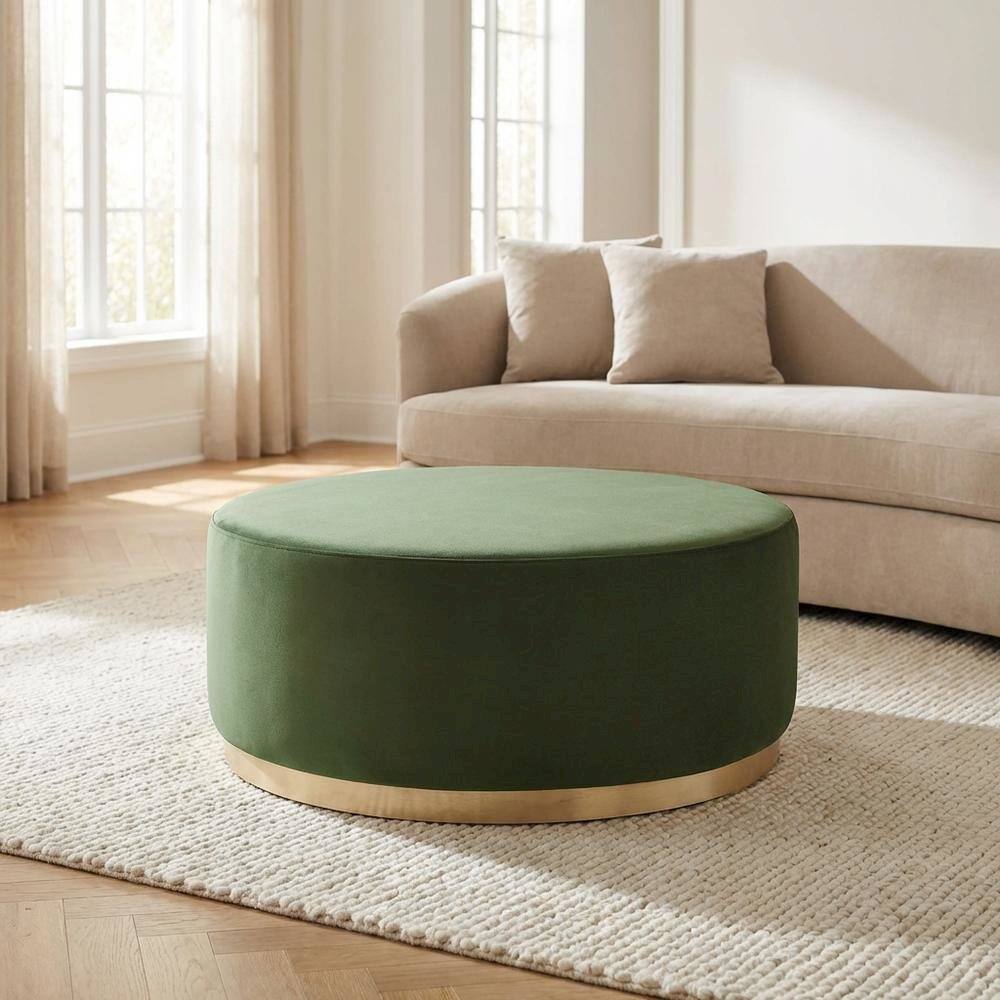 Left. Outdoor Escape - Performance Velvet Upholstered Outdoor Ottoman In Neutral Color - Green.