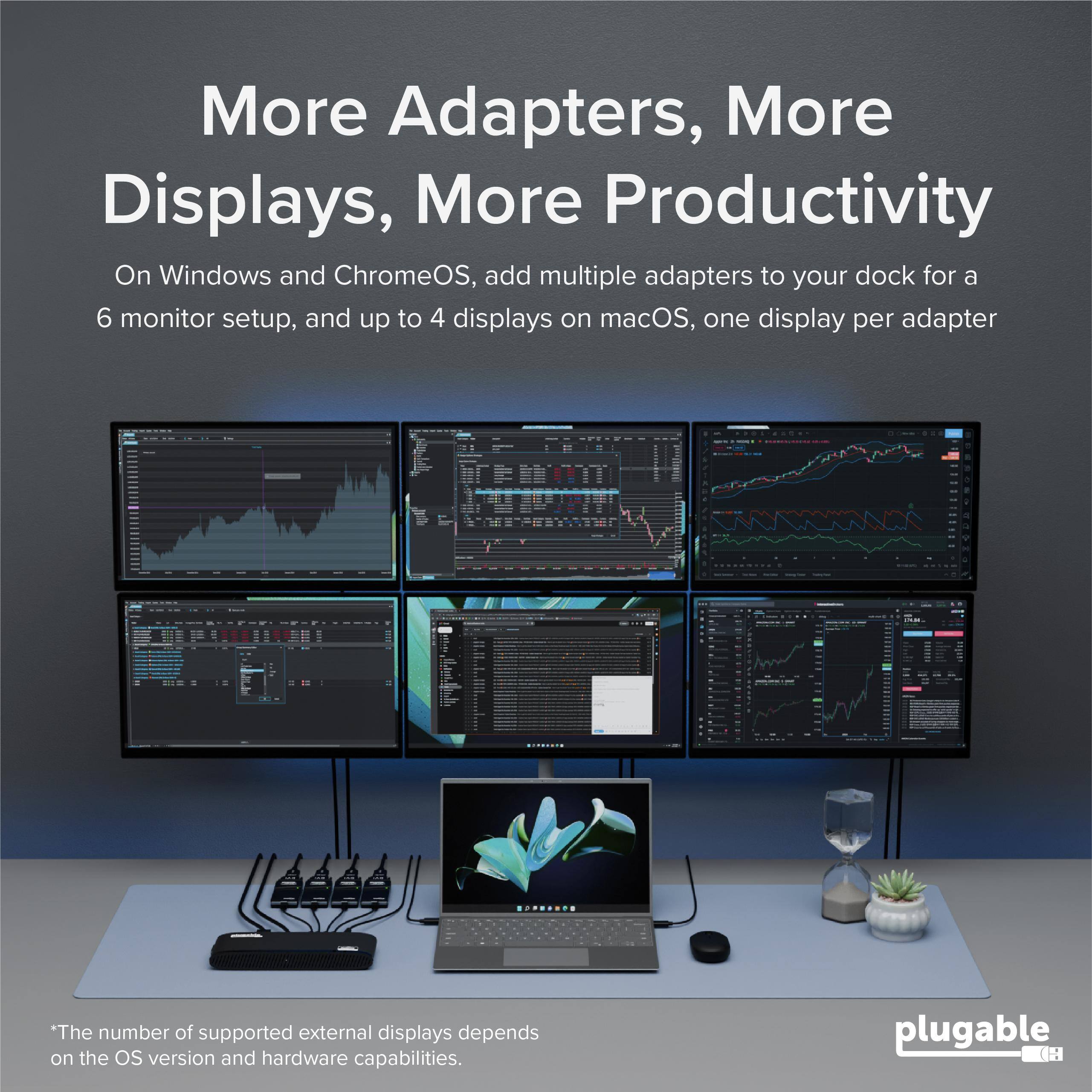 More Adapters, More Displays, More Productivity

On Windows and ChromeOS, add multiple adapters to your dock for a 6 monitor setup, and up to 4 displays on macOS, one display per adapter

*The number of supported external displays depends on the OS version and hardware capabilities.

plugable