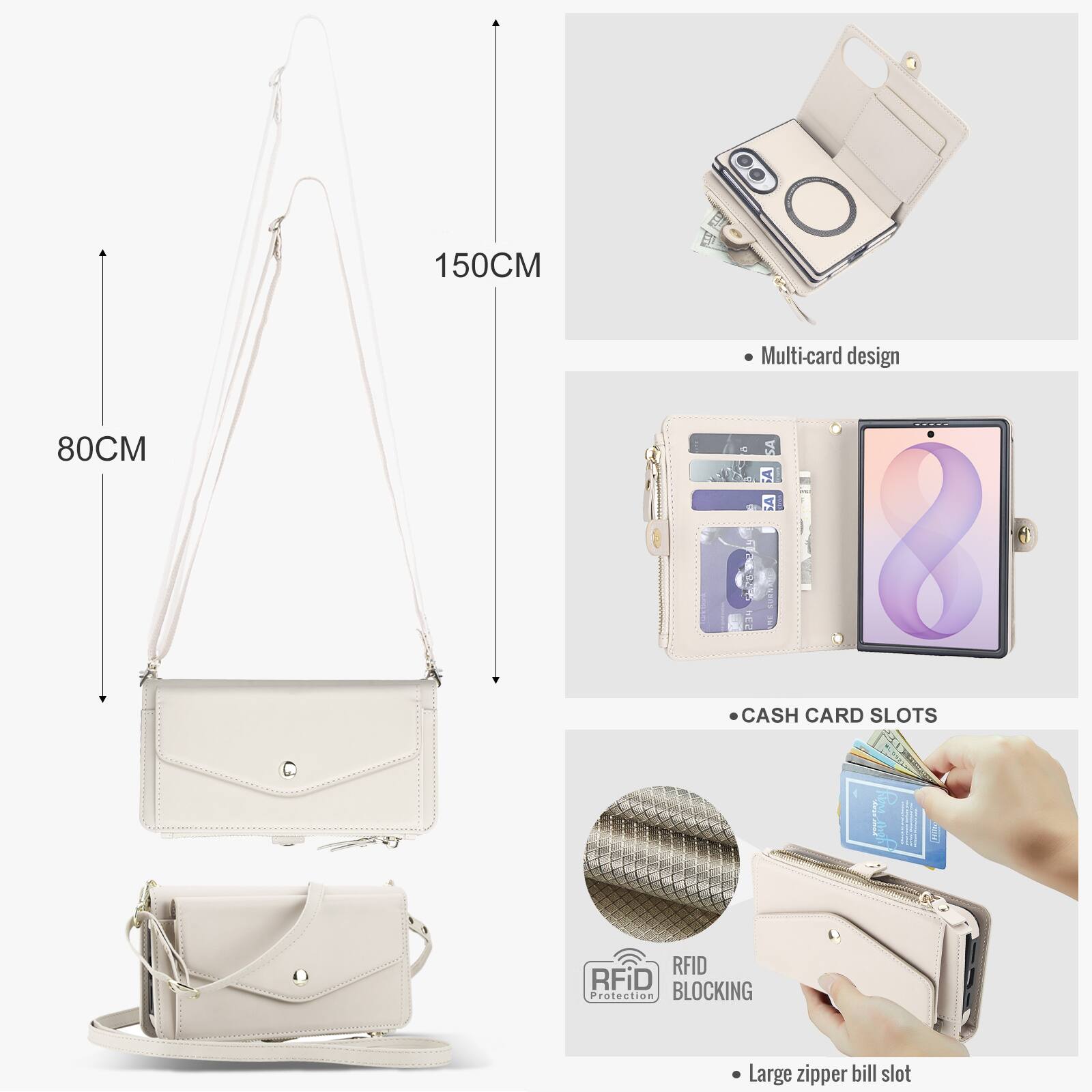 150CM  
Multi-card design  
80CM  
CASH CARD SLOTS  
RFID Protection BLOCKING  
Large zipper bill slot