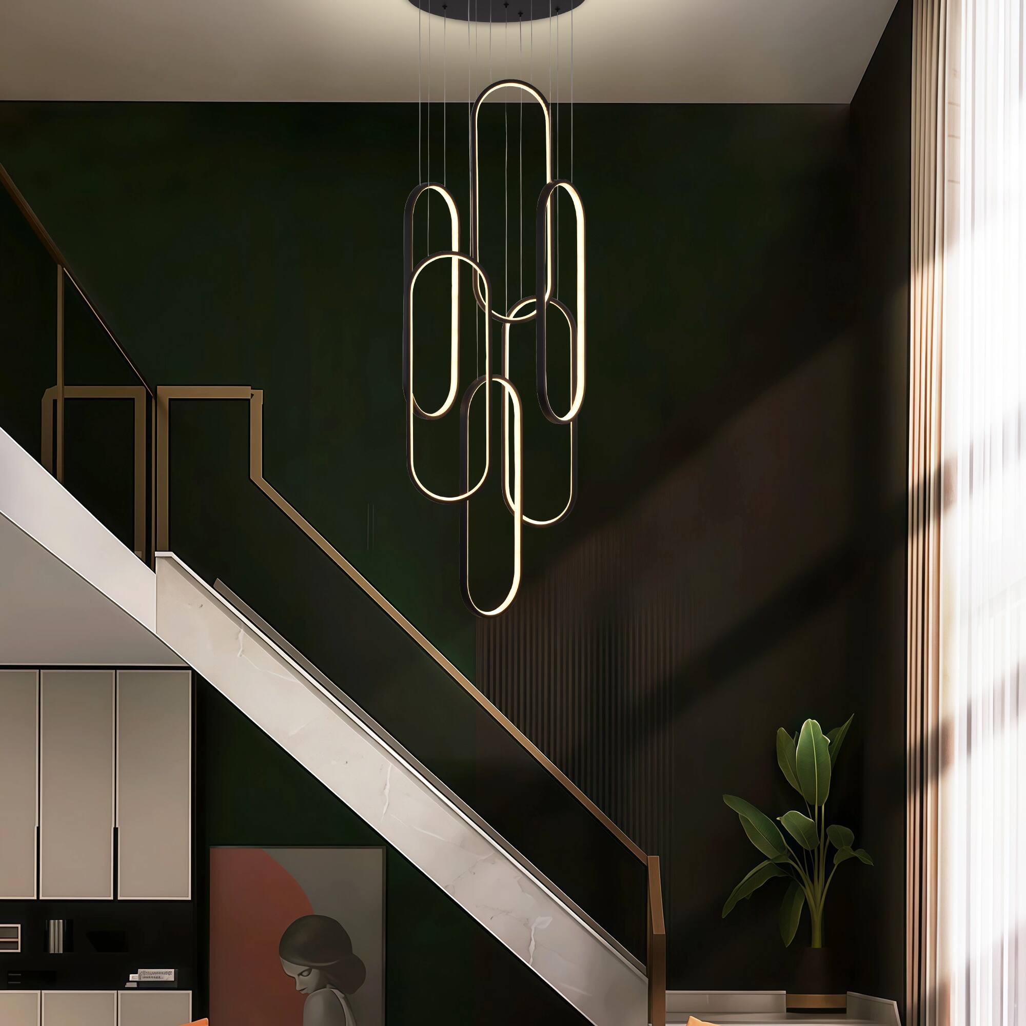 Left. RYHNUYNE - 6-Ring Modern LED Dimmable Pendant Light Fixture,Black Large High Ceiling Chandelier,Contemporary Light for Staircase - Black.