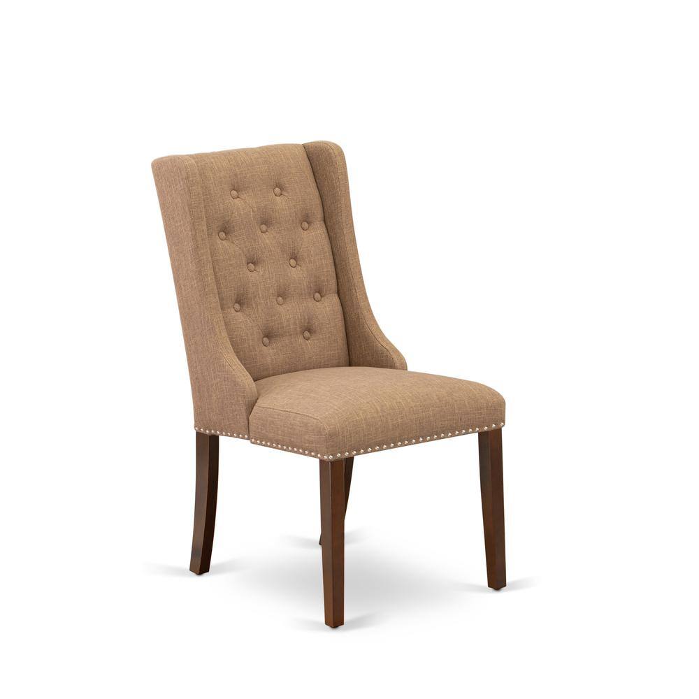Alt View 2. East West Furniture - Light Sable Linen Fabric Parson Dining Chairs and Button Tufted Back with Mahogany Rubber Wood Legs, Set of 2 - Brown.