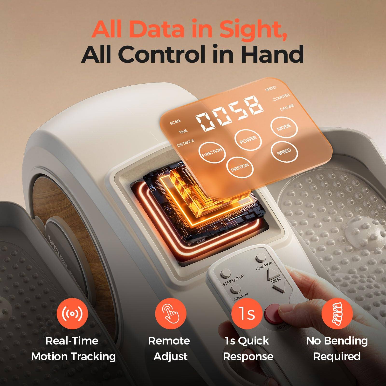All Data in Sight, All Control in Hand

SPEED COUNTER CALORIE SCAN TIME 0058 POWER MODE DISTANCE FUNCTION SPEED DIRECTION

Real-Time Motion Tracking
Remote Adjust
FUNCTION START/STOP SPEED DIRECTION 1s POWER 1s Quick Response
No Bending Required
