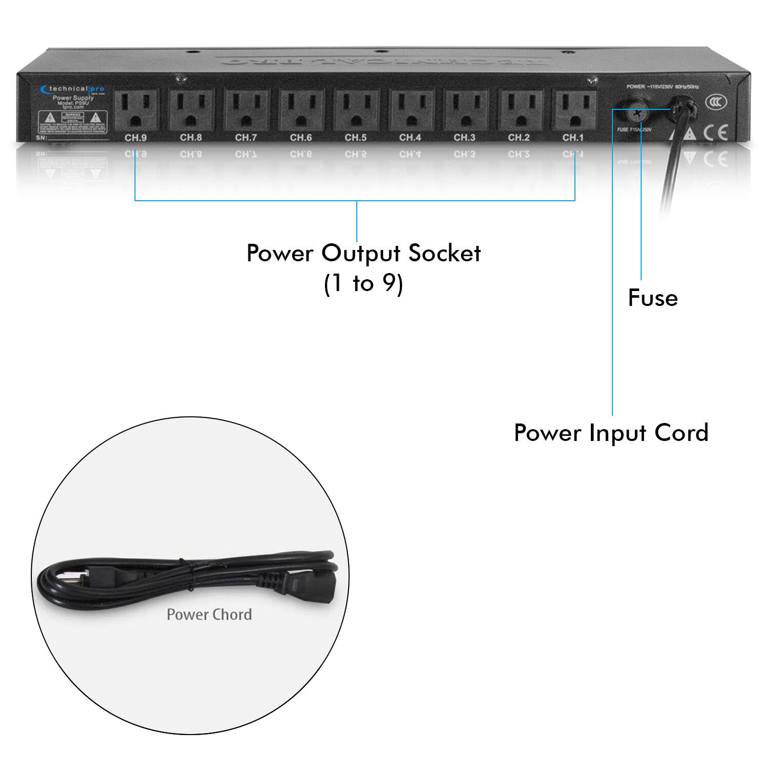 technically Power Supply Model PSIU pm con  
POWER -115V230V 60%  
SN: NS  
CH.9 CH'9  
CH.8 CH'8  
CH.7 CH'7  
CH.6 CH'6  
CH.5 CH'5  
CH.4 CH'4  
CH.3 CH'3  
CH.2 CH'2  
CH.1 CH'1  
FUSE x100  
CE CE  
Power Output Socket (1 to 9)  
Fuse  
Power Input Cord  
Power Chord