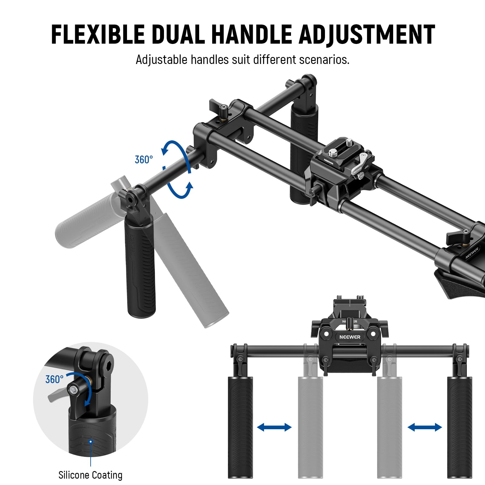 FLEXIBLE DUAL HANDLE ADJUSTMENT  
Adjustable handles suit different scenarios.  

360° NVWE - NESWER 360 Silicone Coating