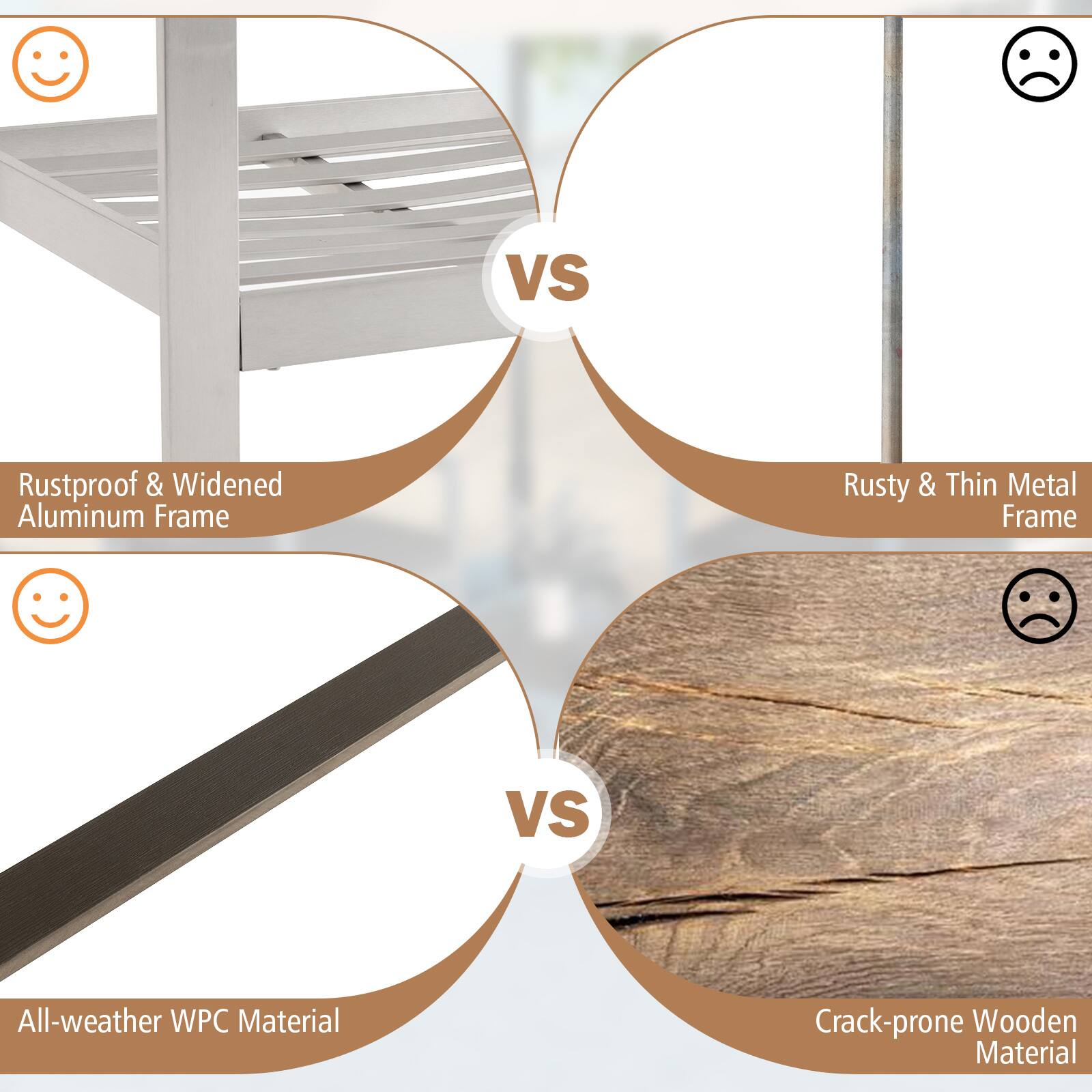 - Rustproof & Widened Aluminum Frame
- Rusty & Thin Metal Frame
- All-weather WPC Material
- Crack-prone Wooden Material