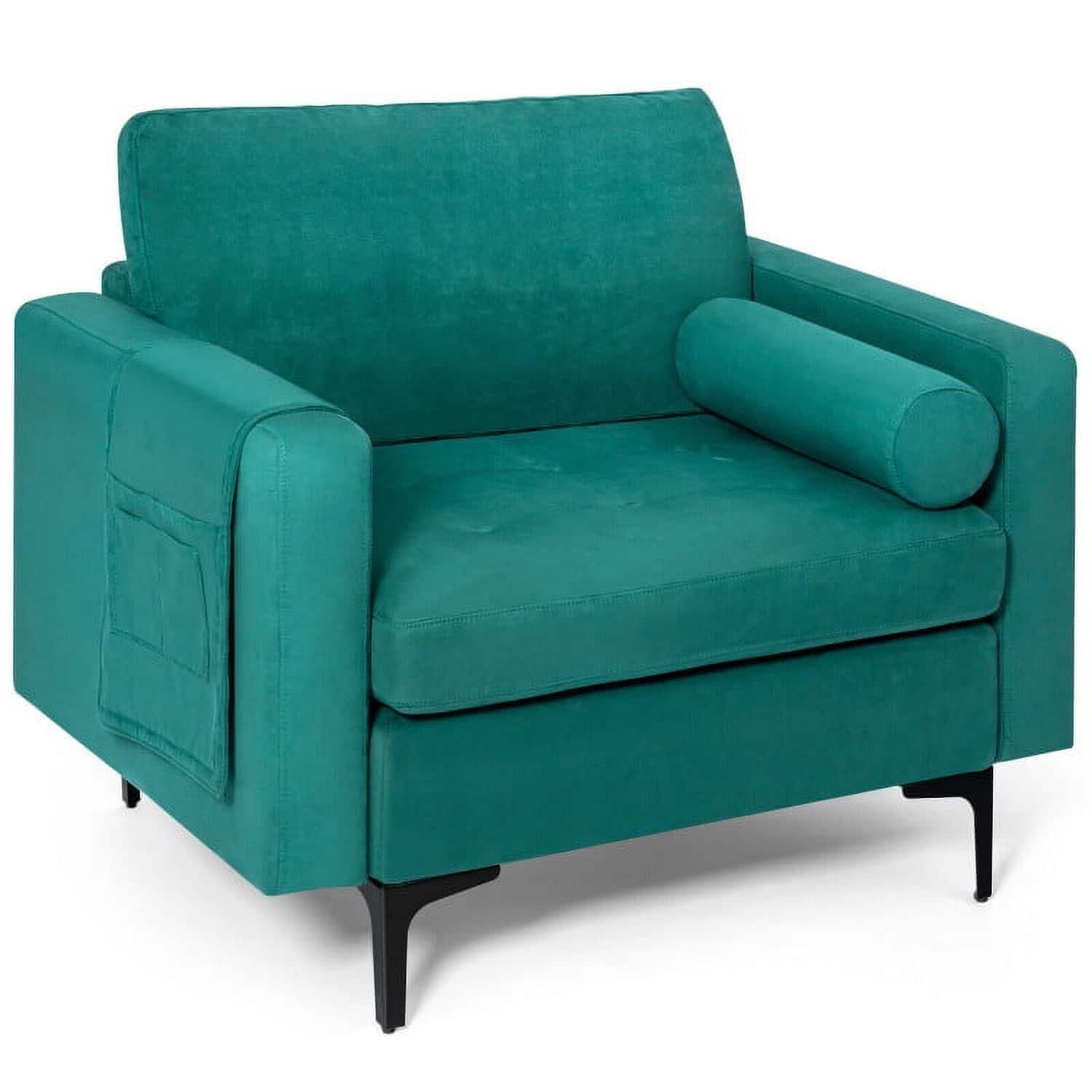 Kadyn - Modern Accent Chair with Bolster and Side Storage Pocke, Fabric Lazy Chair Large Accent Chair - Green