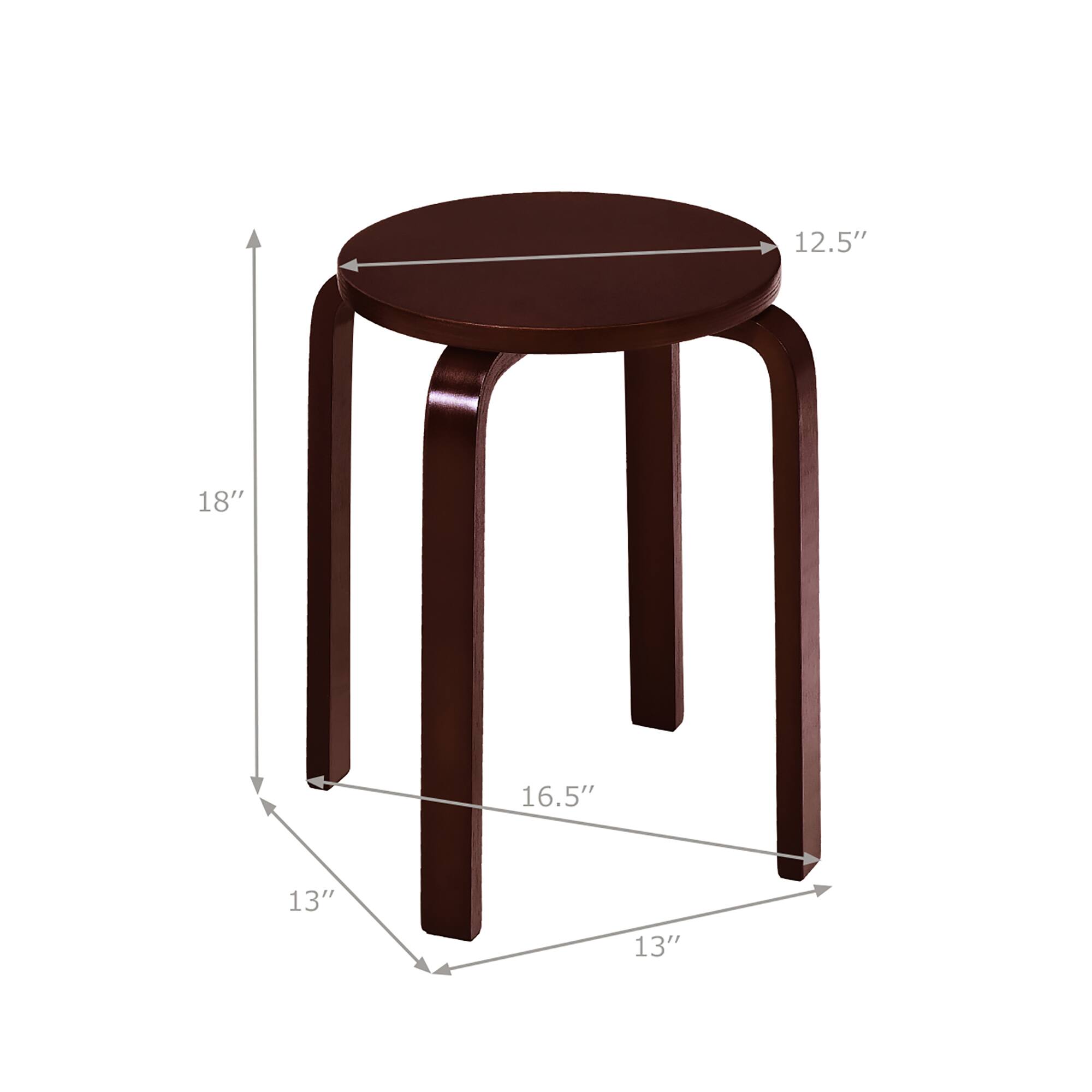 The dimensions of the stool are:

- Diameter: 12.5"
- Height: 18"
- Width: 16.5"
- Depth: 13"