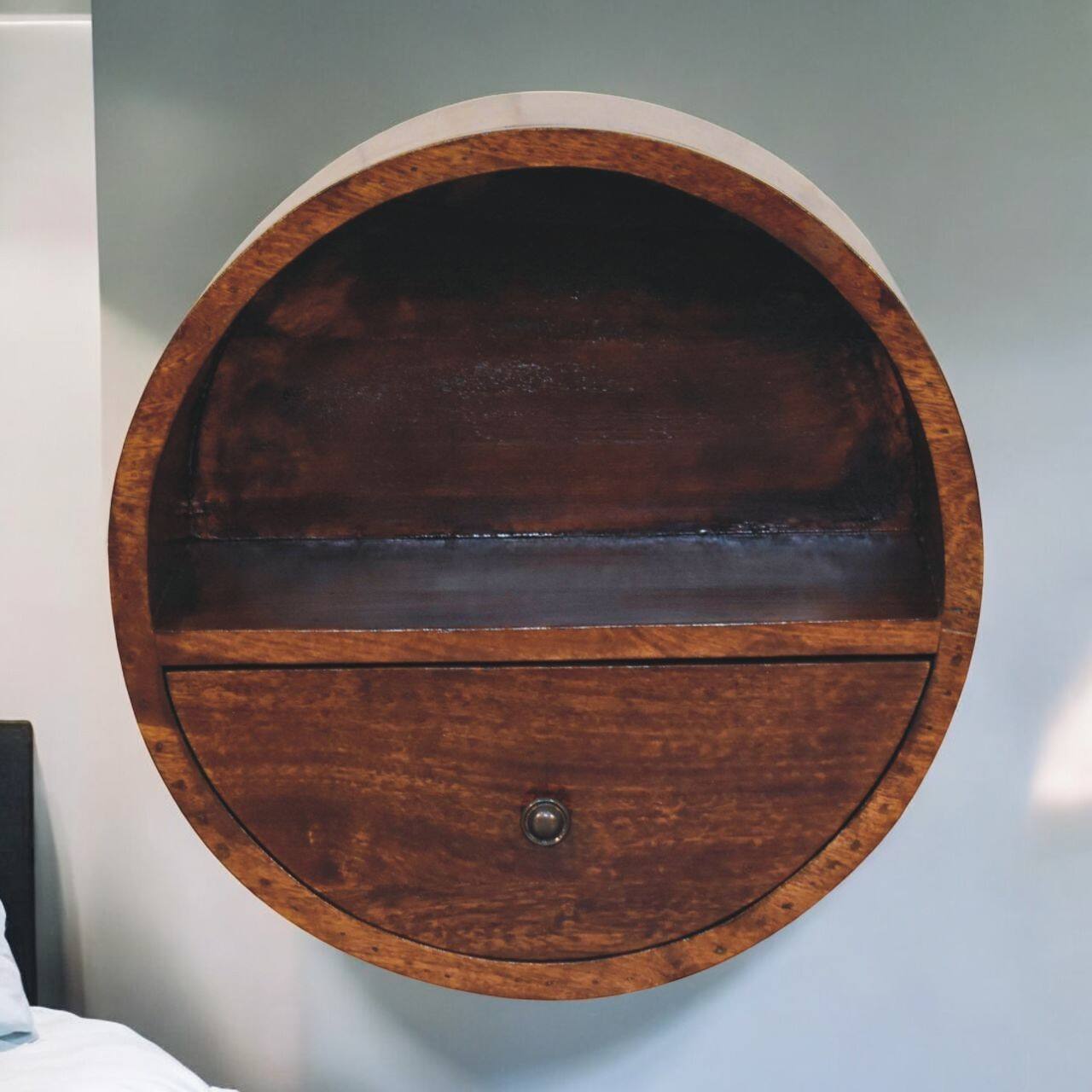 Angle. Artisan Furniture - Artisan Furniture Solid Wood Floating Circle Chestnut Bedside, 1 Drawer, 1 Open Slot, Dark Brown - Chestnut.