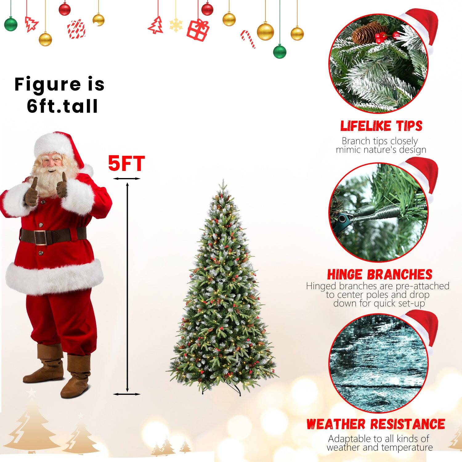 Figure is 6ft. tall

5FT

LIFELIKE TIPS
Branch tips closely mimic nature's design

HINGE BRANCHES
Hinged branches are pre-attached to center poles and drop down for quick set-up

WEATHER RESISTANCE
Adaptable to all kinds of weather and temperature