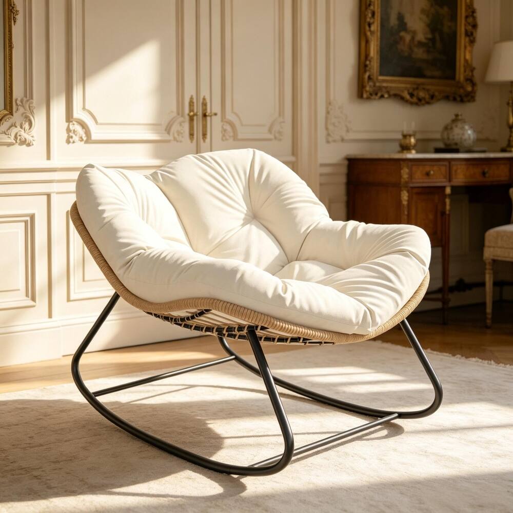 Angle. Loheer - Loheer Oversized Rocking Egg Chair with Cushion, Indoor Outdoor Wicker Papasan Chair for Patio Backyard, Beige - Beige.