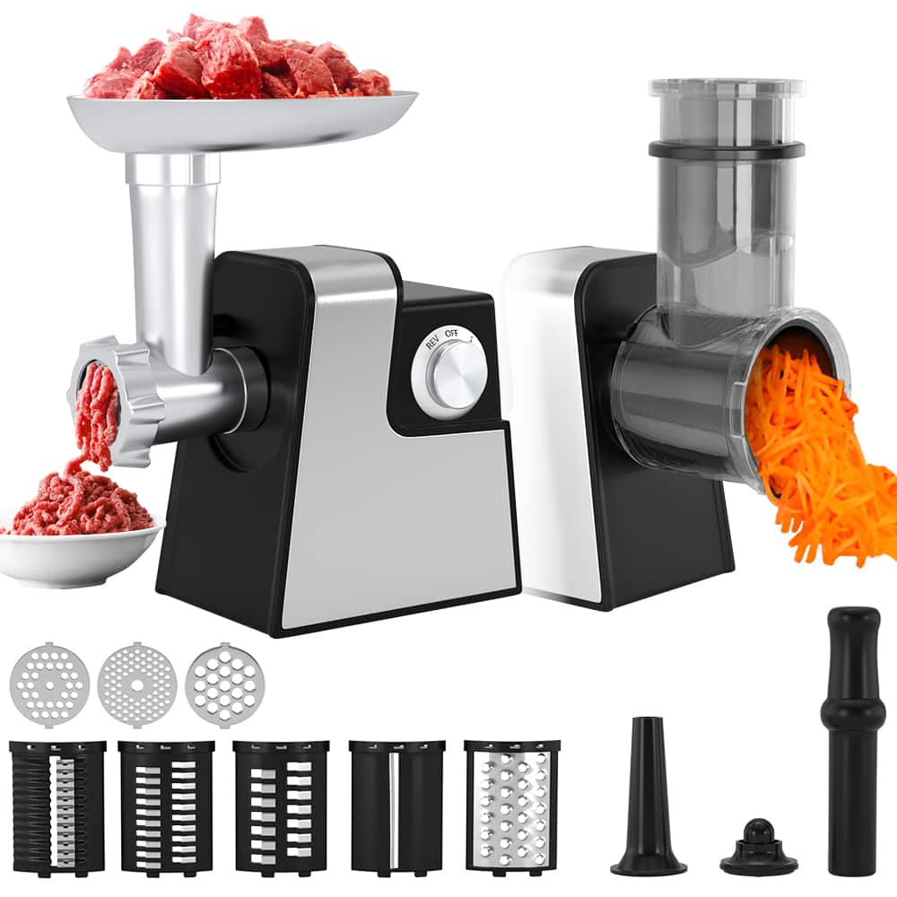 Topteng - 5-in-1 Electric Meat Grinder & Food Processor - 600W Peak Power, 120 Lbs/hr, with Sausage Stuffer, Vegetable Slicer Kit - Silver