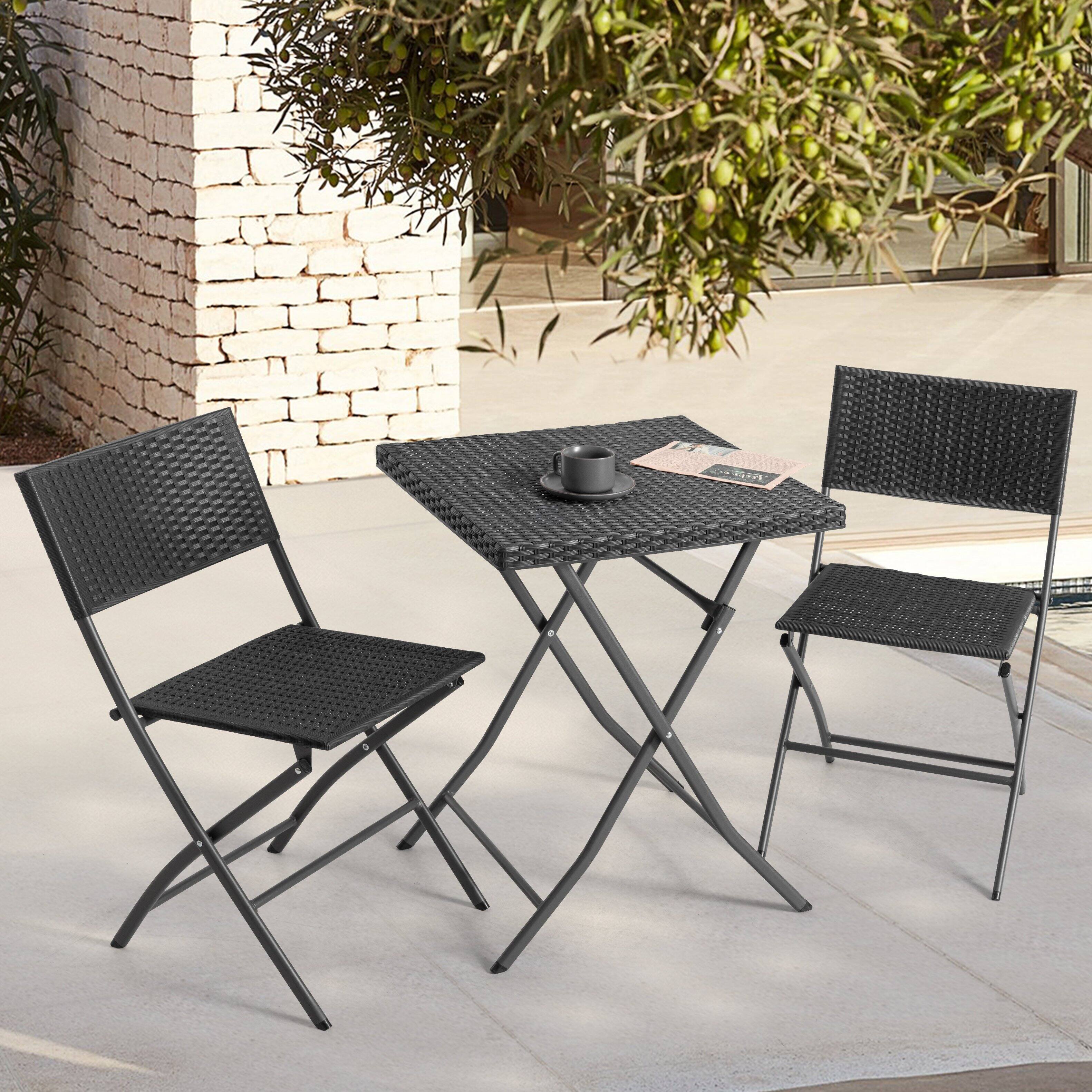 Left. Nuu Garden - Outdoor 3 Pieces Folding Bistro Set, Waterproof PP Rattan Table and Chairs - Black.
