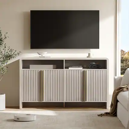 Front. ModernMate - 59.1" Modern Fluted Sideboard Cabinet, Curved 4-Door Credenza Accent Cabinet with Open Shelf - White Alder.
