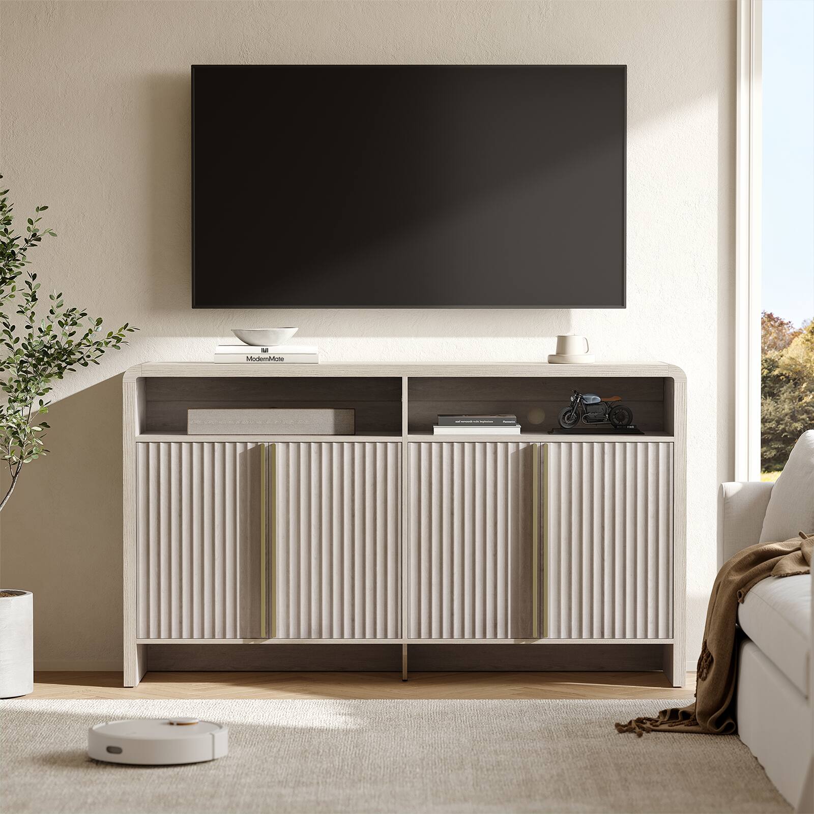 Front. ModernMate - 59.1" Modern Fluted Sideboard Cabinet, Curved 4-Door Credenza Accent Cabinet with Open Shelf - White Alder.