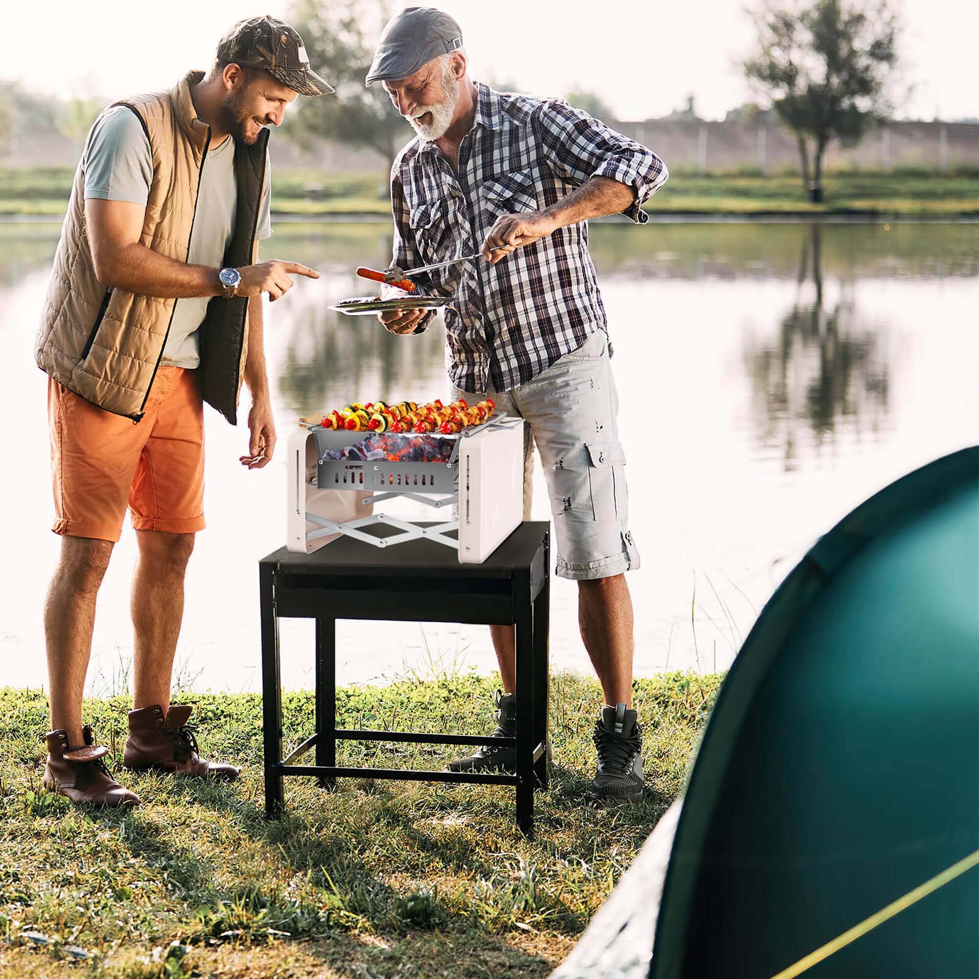 Left. Costway - Outdoor Charcoal Grill with 2 Stainless Steel Grill Nets Charcoal Box for Camping - Beige + Silver.
