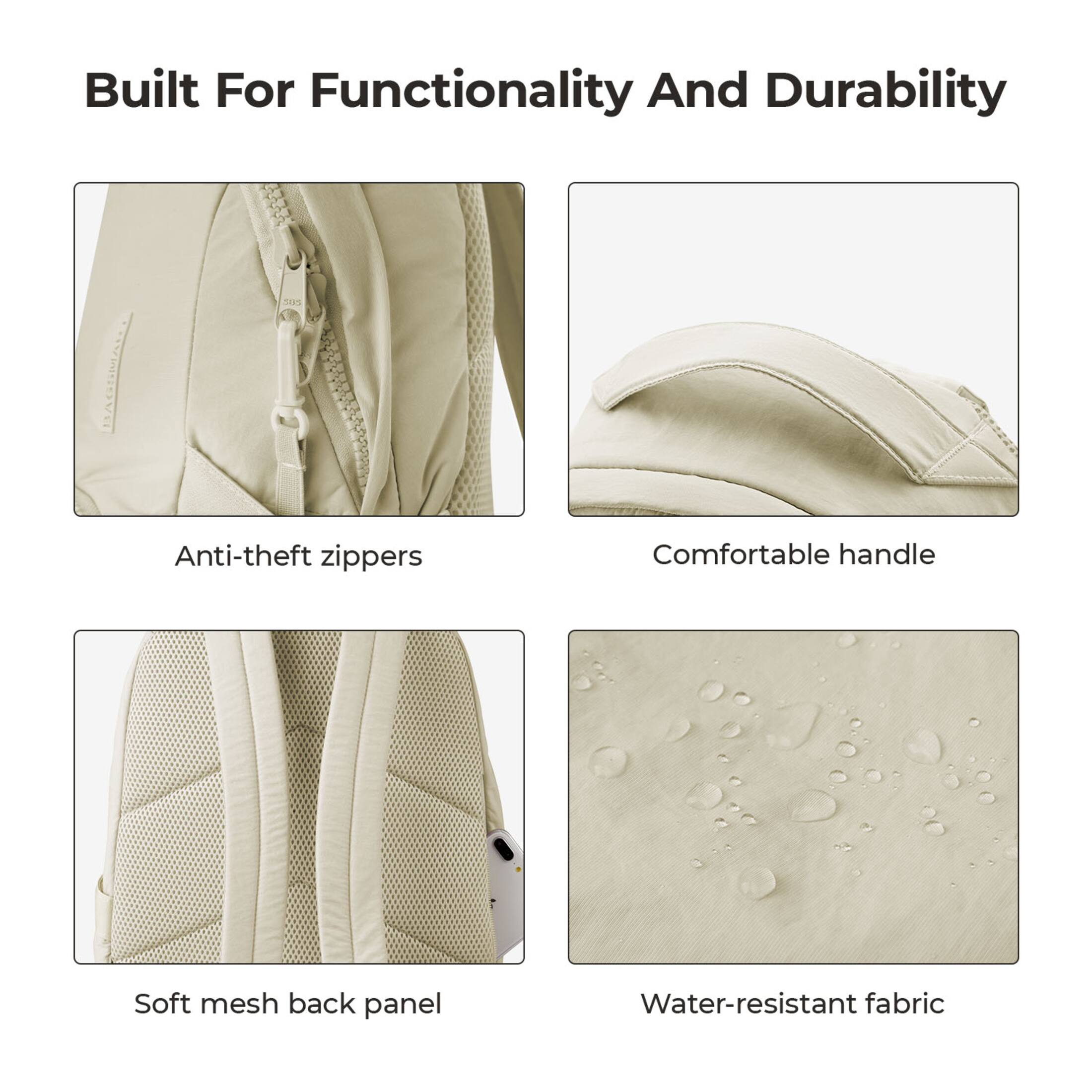 Built For Functionality And Durability

- Anti-theft zippers
- Comfortable handle
- Soft mesh back panel
- Water-resistant fabric