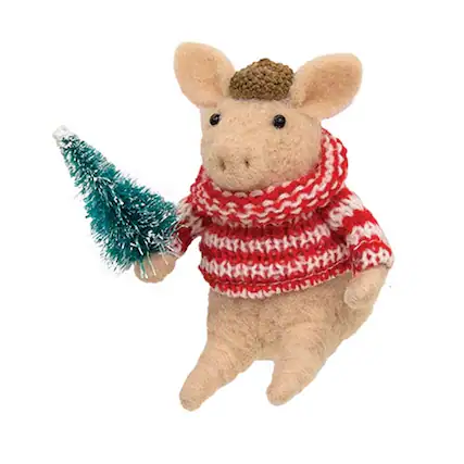 Front. BreeBe - Pig with Tree Felted Ornament - Pink, Red.