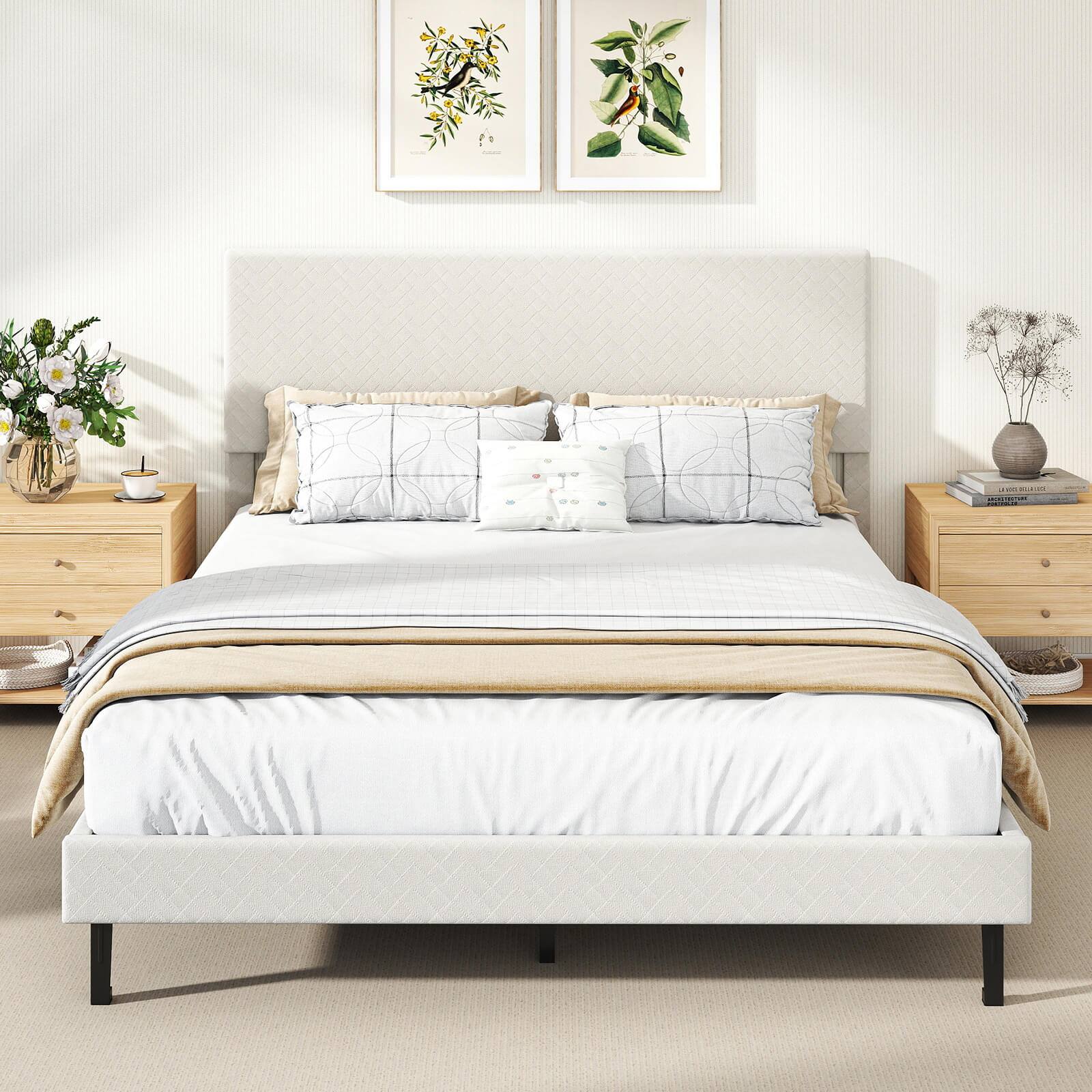Alt View 3. Costway - Costway Queen Size Velvet Bed Frame with Height Adjustable Chevron Headboard,Noise Free - Beige.