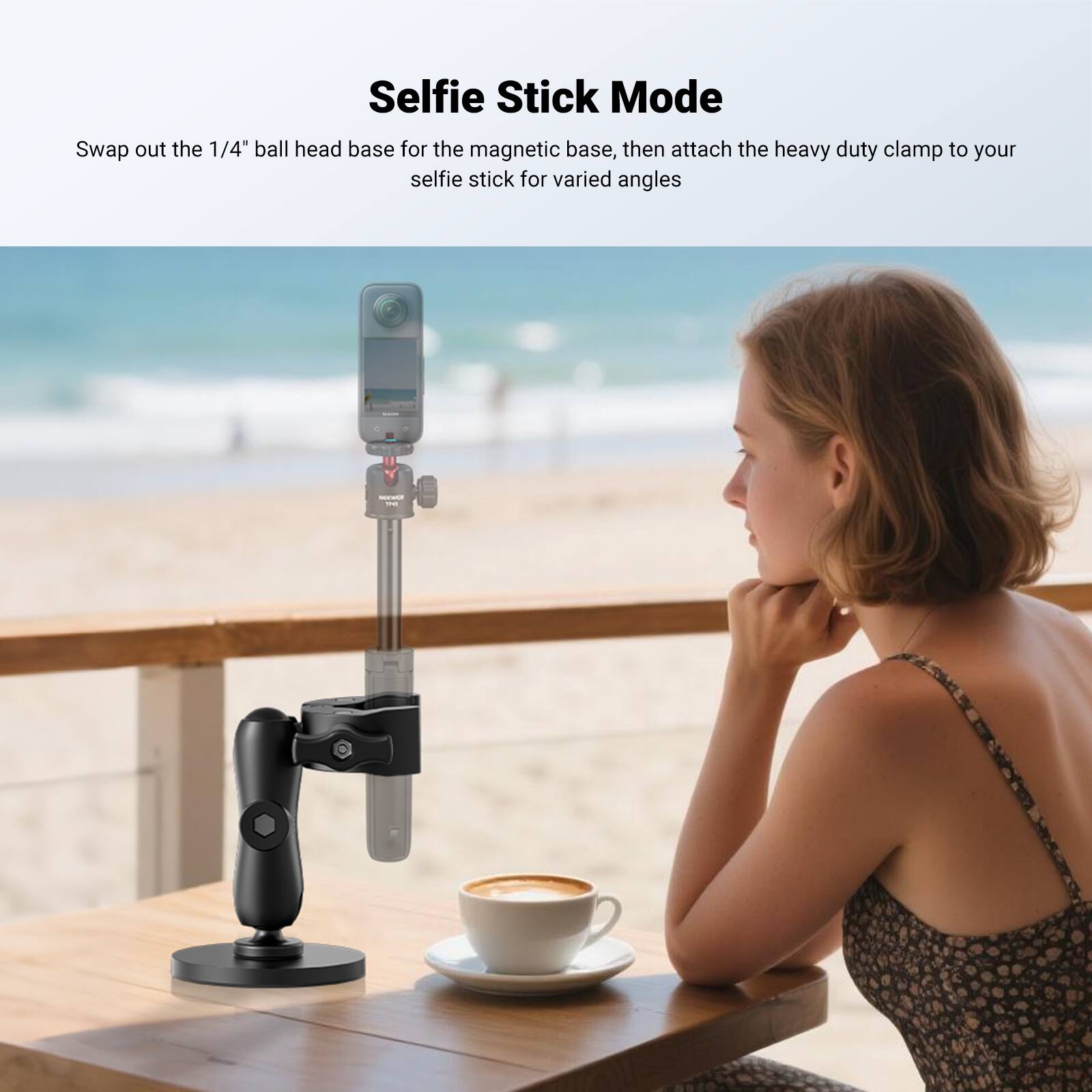 Selfie Stick Mode

Swap out the 1/4" ball head base for the magnetic base, then attach the heavy duty clamp to your selfie stick for varied angles