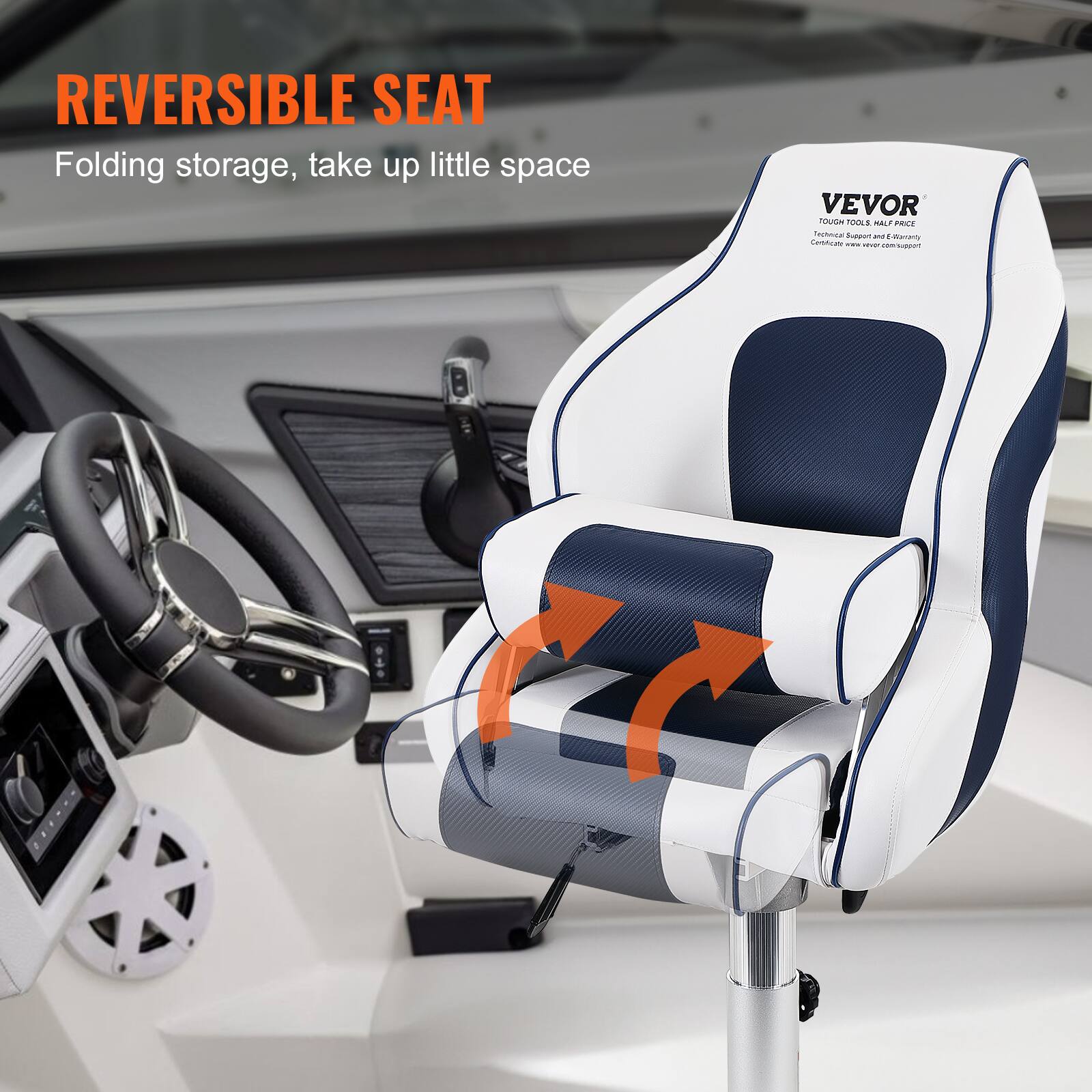 REVERSIBLE SEAT  
Folding storage, take up little space  

VEVOR  
TOUGH SEAT  
Technical Support and E-Commerce  
Certified by vevor.com support