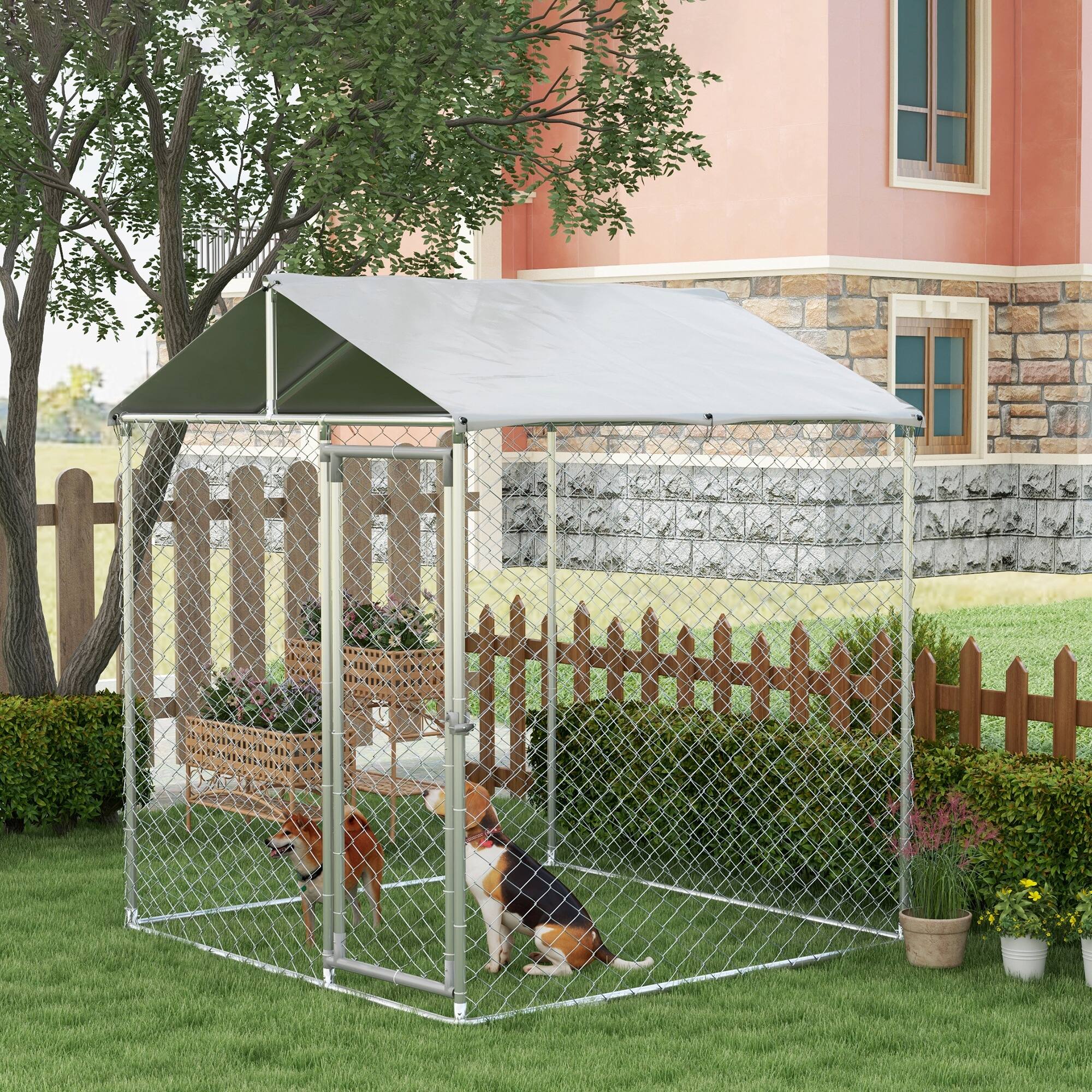 Angle. Pawhut - Large Dog Kennel Outside, Heavy Duty Cage with Waterproof Cover, Fence Run, Galvanized Chain Link, Secure Lock.