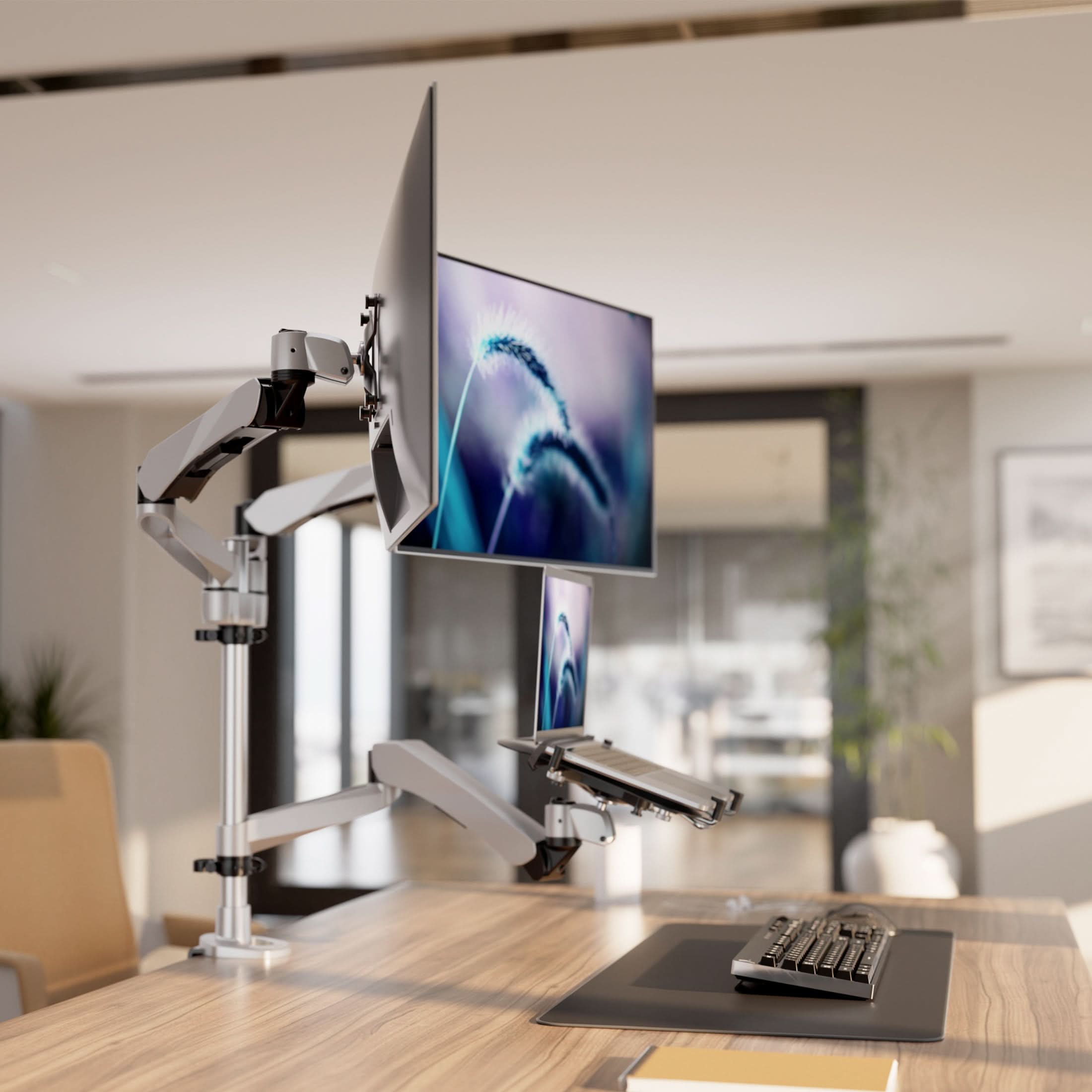 Left. Mount-It! - CLiX Series Full Motion Dual Monitor + Laptop Mount with Cooling Fan Adjustable Arms for 13"–32" Monitors - Silver.