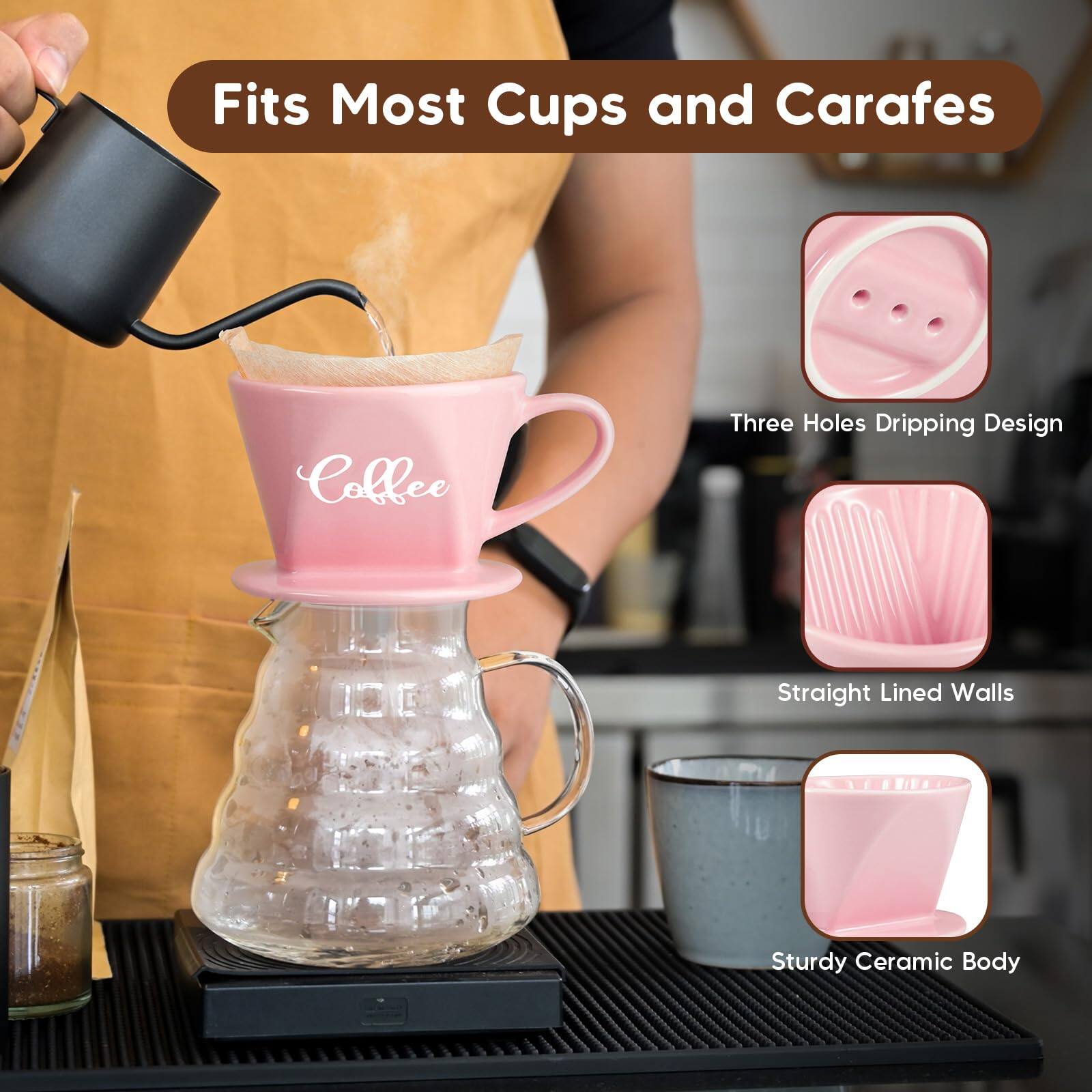 Fits Most Cups and Carafes

- Three Holes Dripping Design
- Straight Lined Walls
- Sturdy Ceramic Body