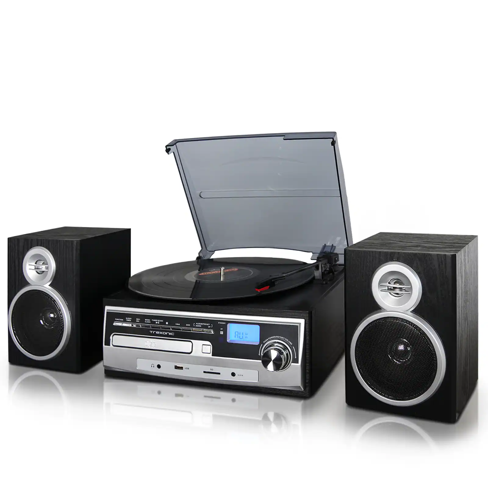 Trexonic - 3-Speed Vinyl Turntable Stereo System CD Player, FM Radio, Bluetooth, USB/SD Recording and Wired Shelf Speakers - Black
