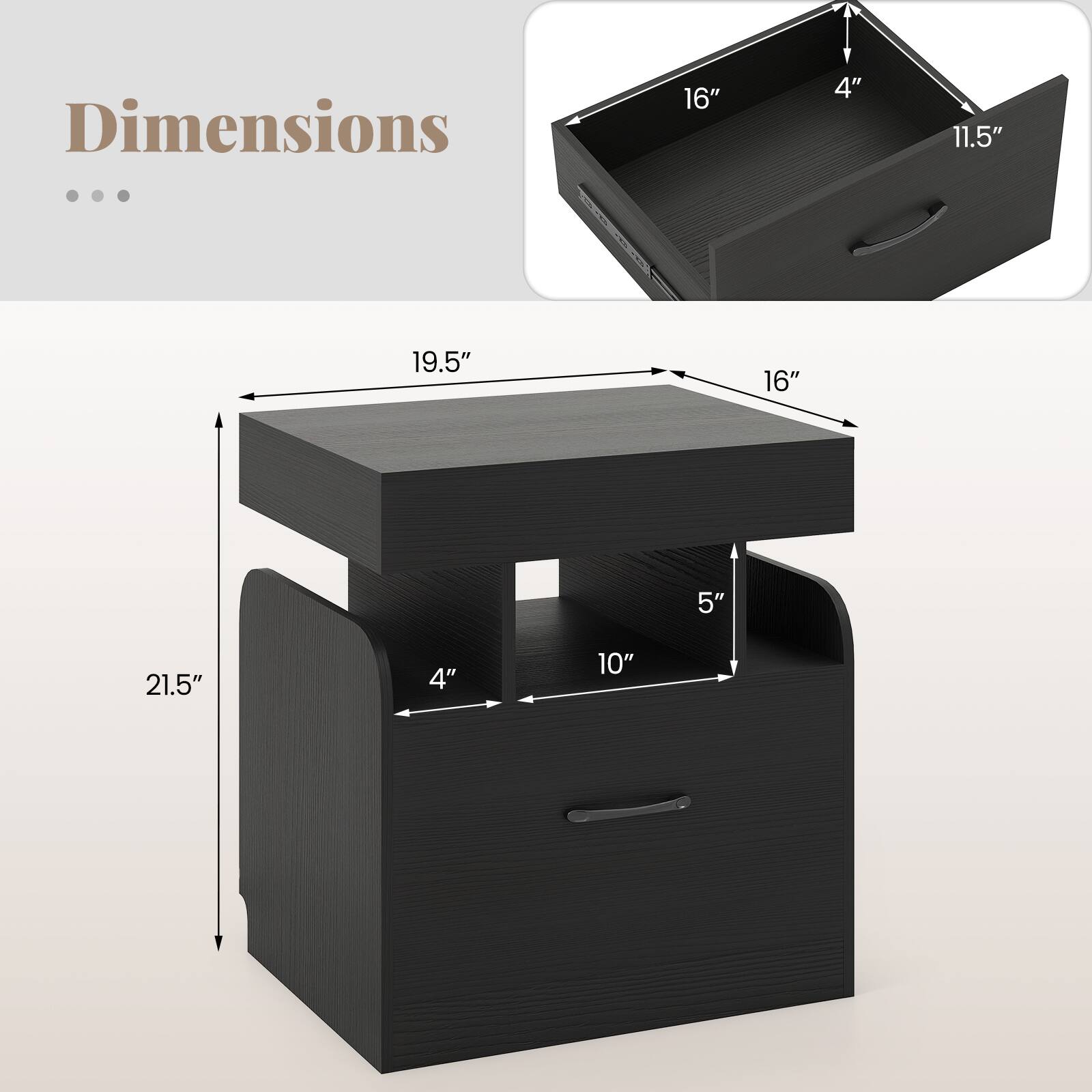 Dimensions:

- 16" x 4" x 11.5"
- 19.5" x 16" x 5"
- 21.5" x 4" x 10"