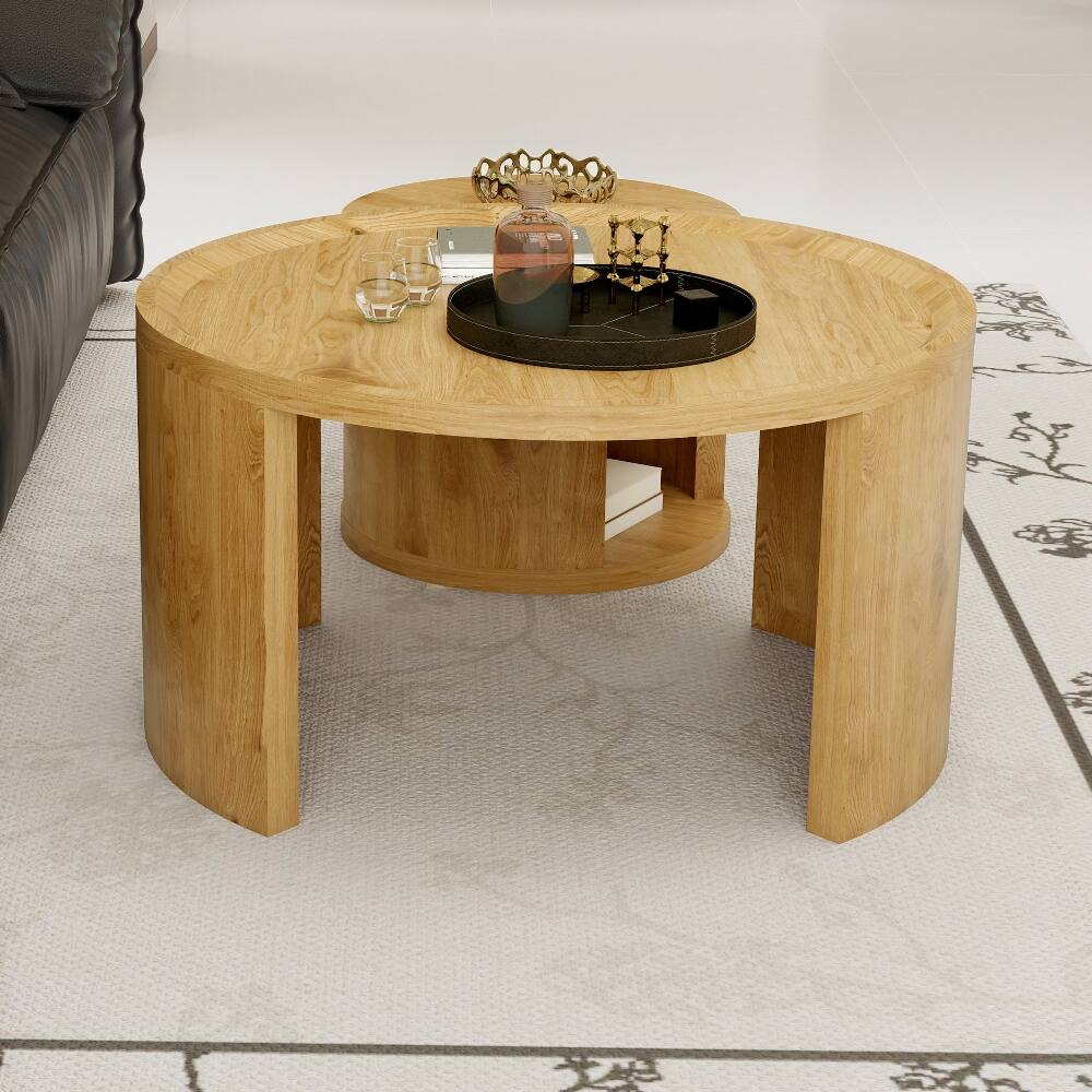 Alt View 2. Loheer - Loheer Round Nesting Coffee Table Set of 2 Wood Top Minimalist Center Table for Living Room Small Space - Natural Wood.