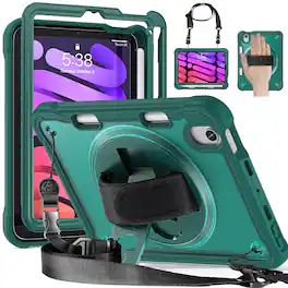 Dteck - Rugged Case for Apple iPad mini (A17 Pro) 2024/iPad mini 6 Shockproof Handstrap Foldable Kickstand Cover+Crossbody Strap - Darkgreen