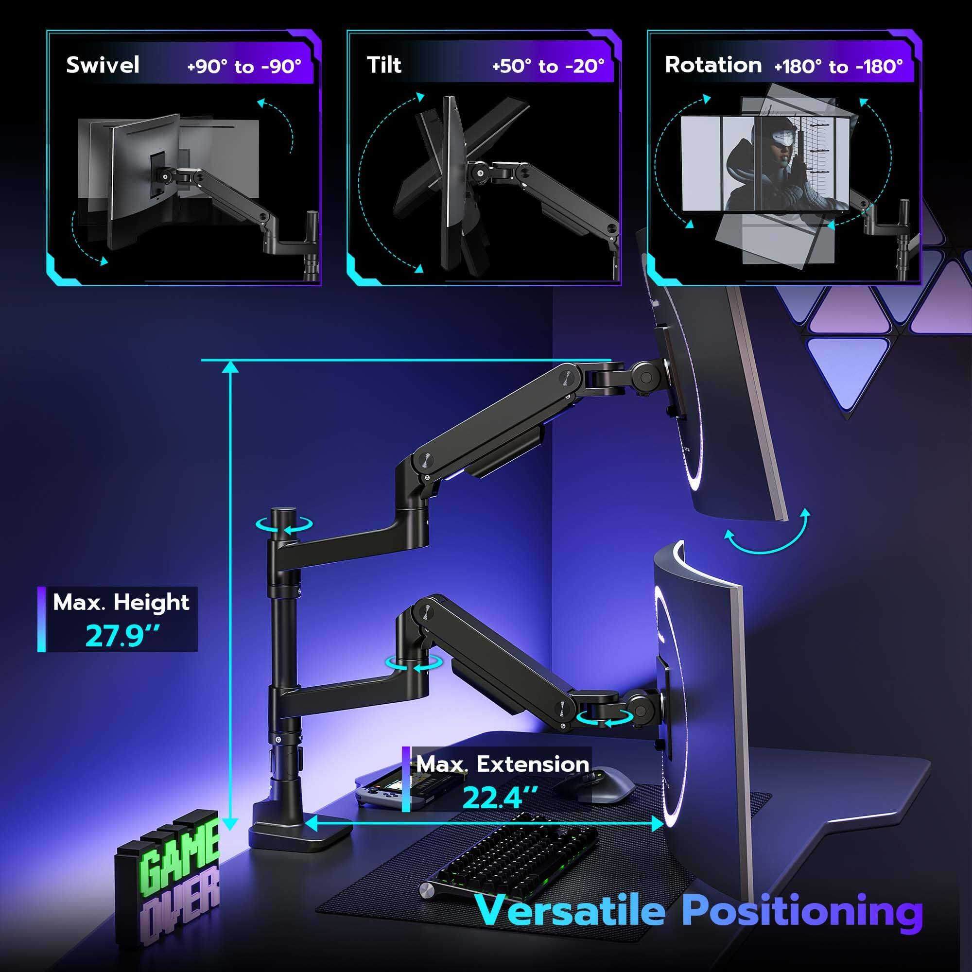 Swivel +90° to -90°  
Tilt +50° to -20°  
Rotation +180° to -180°  

Max. Height 27.9"  
Max. Extension 22.4"  

Versatile Positioning