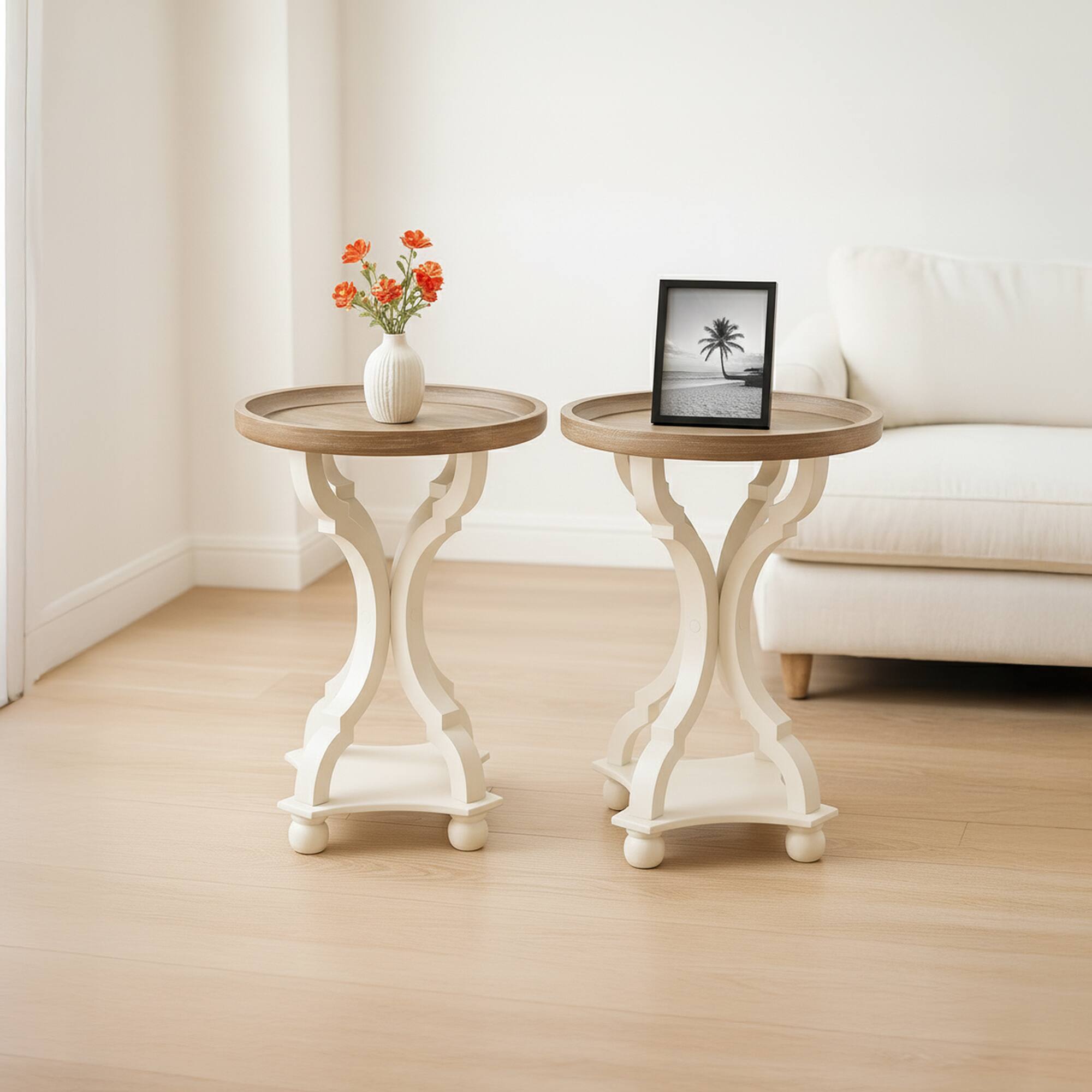 Alt View 4. COZAYH - COZAYH Round Rustic Wood Accent Tray Top Nightstand Side Table, White, Set of 2 - White, Brown.