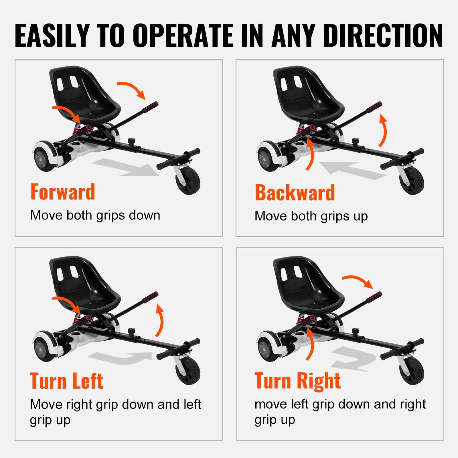 EASILY TO OPERATE IN ANY DIRECTION

Forward  
Move both grips down

Backward  
Move both grips up

Turn Left  
Move right grip down and left grip up

Turn Right  
Move left grip down and right grip up