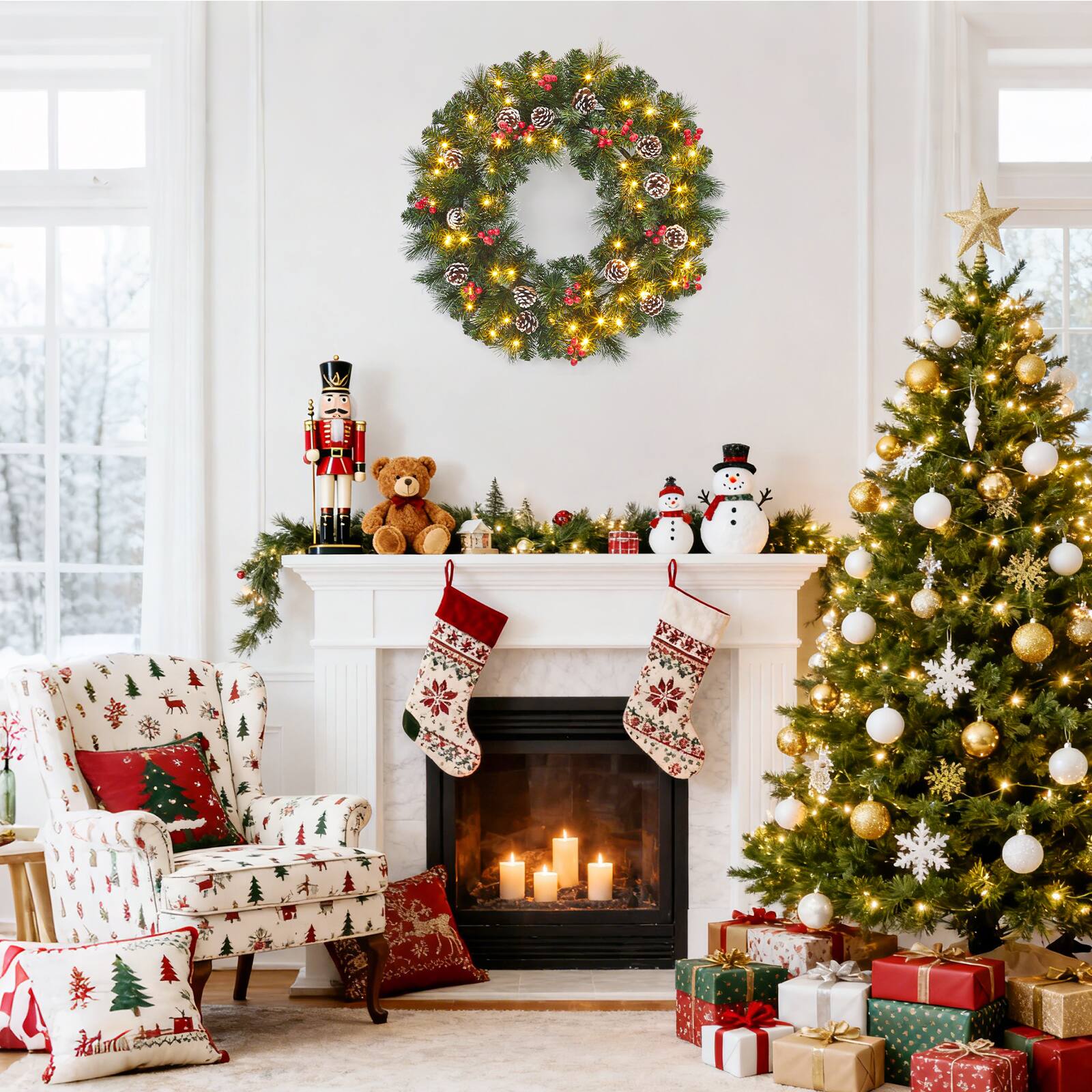 Alt View 1. Acekool - 24 Inch Christmas Wreath Prelit Artificial Xmas Wreaths with 50 LED Lights Frosted Branches Pine Cones for Front Door - Green.