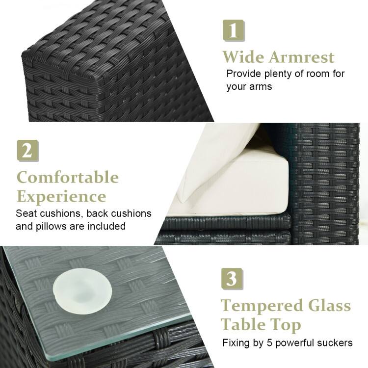 1. Wide Armrest: Provide plenty of room for your arms
2. Comfortable Experience: Seat cushions, back cushions and pillows are included
3. Tempered Glass Table Top: Fixing by 5 powerful suckers