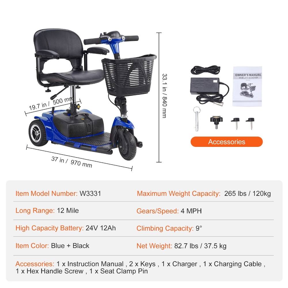 500 mm in 19.7 in / 840 mm

Item Model Number: W3331

Maximum Weight Capacity: 265 lbs / 120kg

Long Range: 12 Mile

Gears/Speed: 4 MPH

High Capacity Battery: 24V 12Ah

Climbing Capacity: 9°

Item Color: Blue + Black

Net Weight: 82.7 lbs / 37.5 kg

Accessories: 1 x Instruction Manual, 2 x Keys, 1 x Hex Handle Screw, 1 x Seat Clamp Pin, 1 x Charger, 1 x Charging Cable