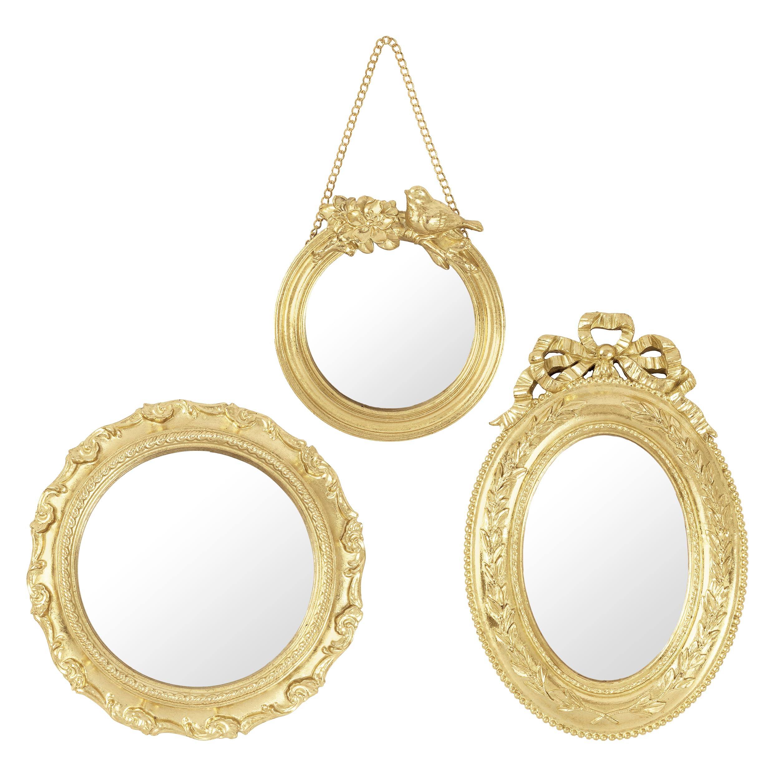 Front. Dapper Styles - 3 Pack Small Antique Mirror Wall Decor Hanging Luxury Home Vintage Set Of Decorative Mirrors For Living Roo... - Bird & Bow Set.