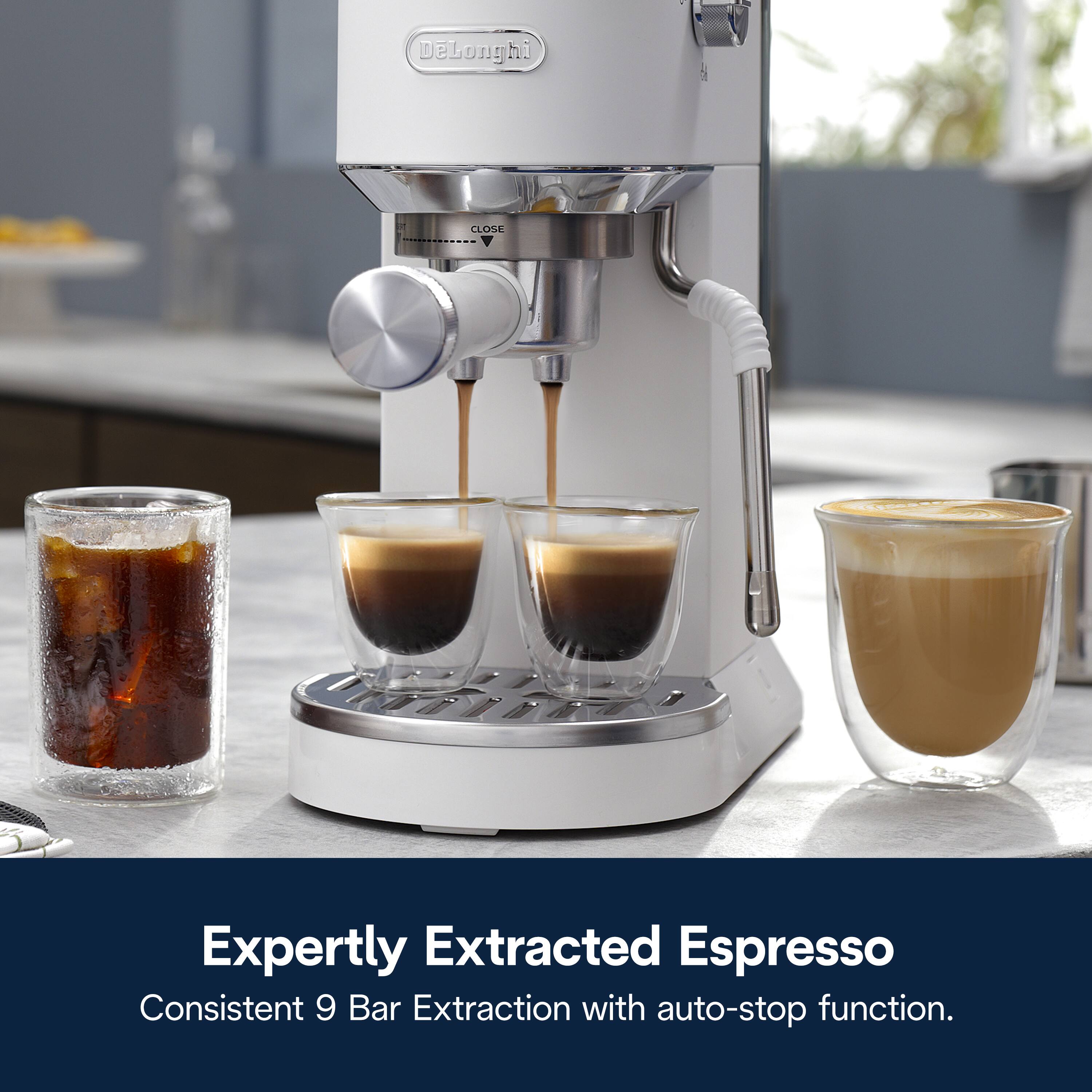 DeLonghi Expertly Extracted Espresso: Consistent 9 Bar Extraction with auto-stop function.