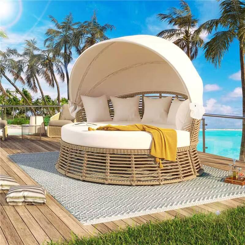 Front. Whisen - Outdoor Wicker Round Daybed with Retractable Canopy, Patio Furniture Sunbed with Cushions for Poolside - Beige.