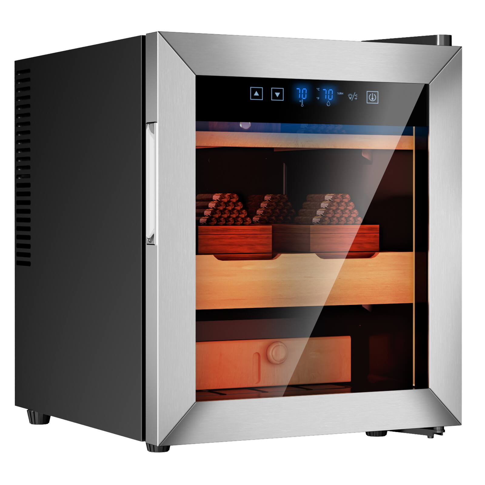 Angle. KingChii - 50L Cigar Humidor with Temperature and Humidity Control, Spanish Cedar Shelves and Drawer Hygrometer(350 Capacity) - Silver.