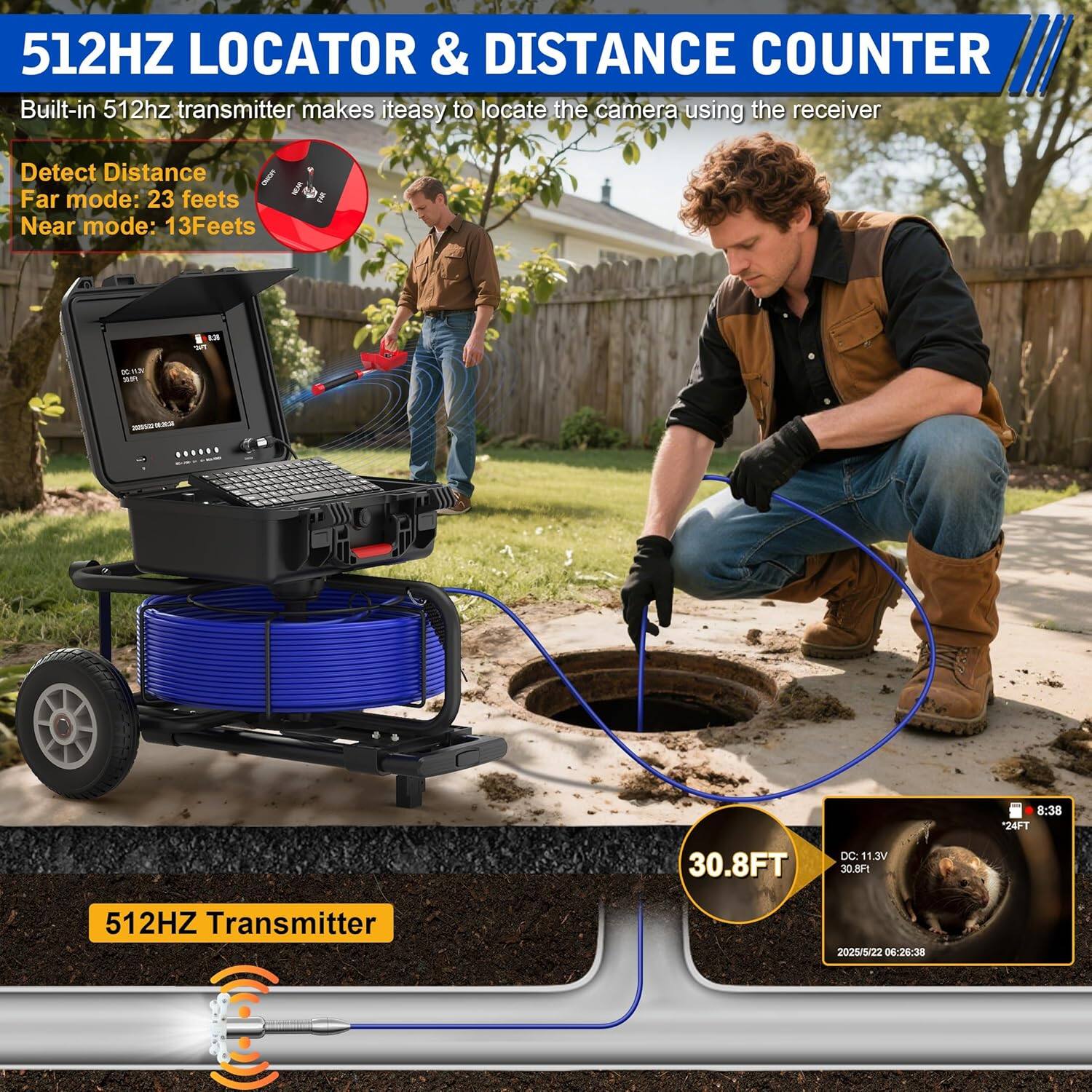 Alt View 2. Aukfa - Sewer Camera with Locator - 10" HD Borescope, Self-Leveling, IP68, 250Ft 7MM Cable, DVR, 32GB.