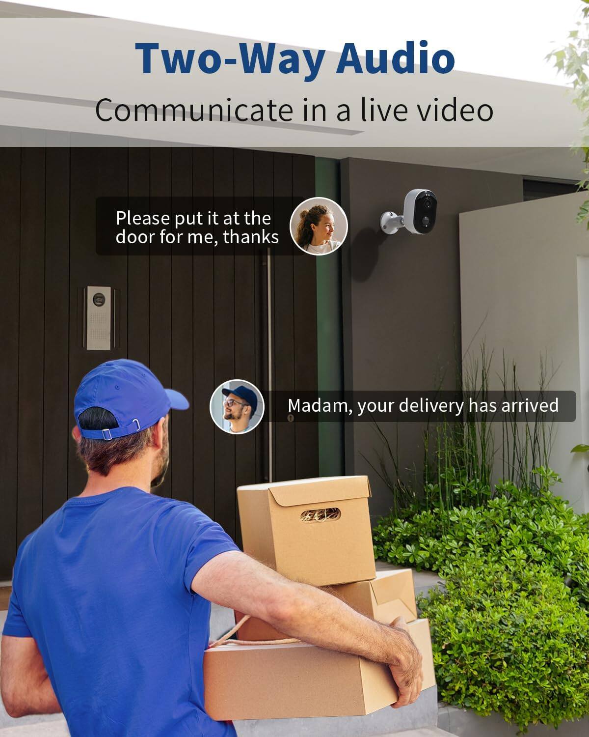 Two-Way Audio  
Communicate in a live video  

Please put it at the door for me, thanks  

Madam, your delivery has arrived