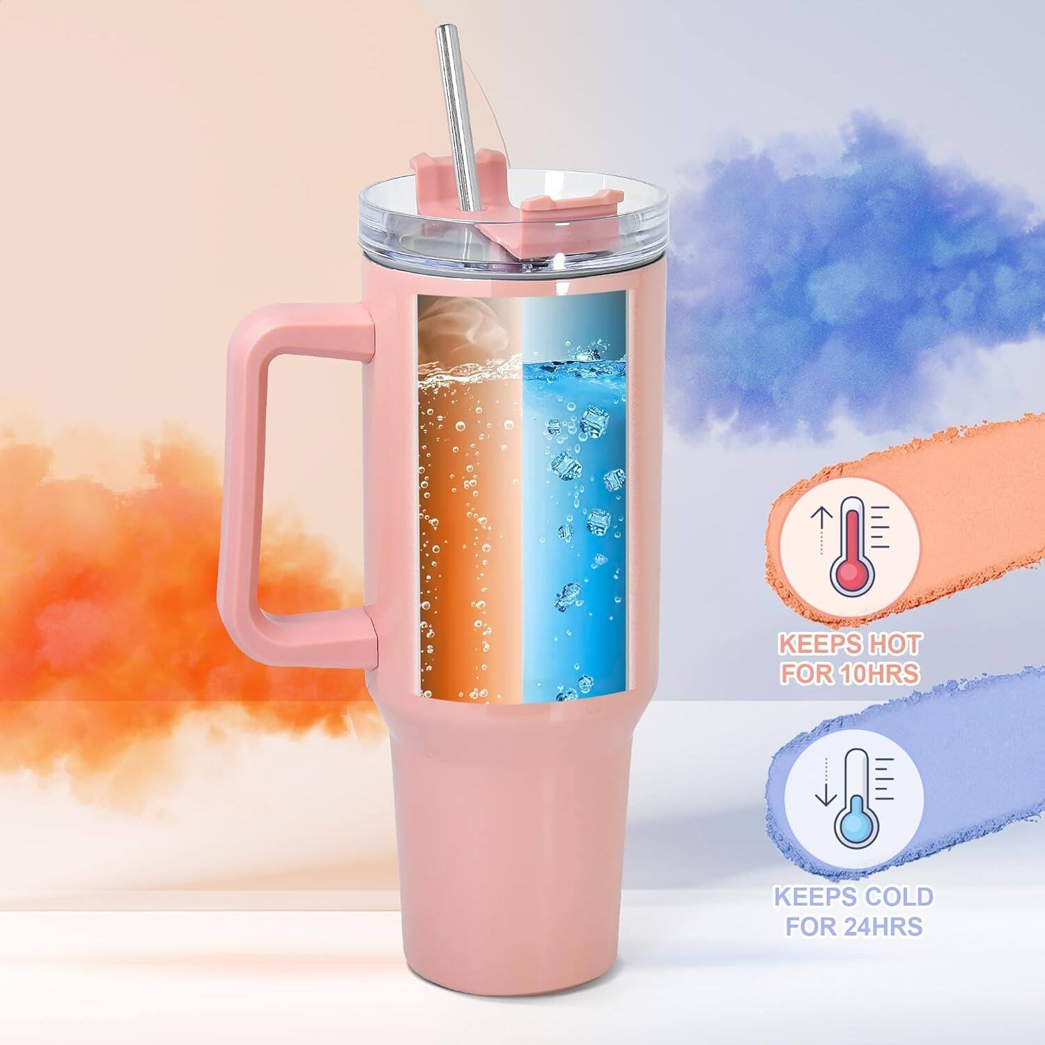 The text on the image is: "KEEPS HOT FOR 10 HRS" and "KEEPS COLD FOR 24 HRS."