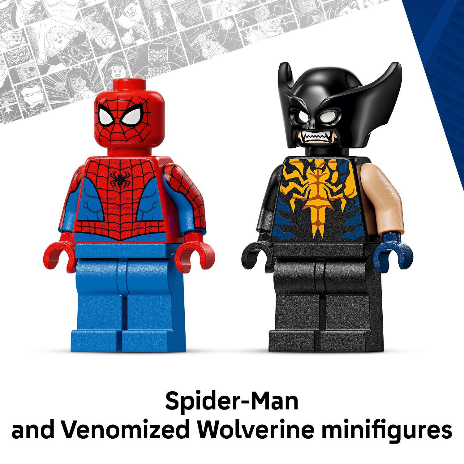 Spider-Man and Venomized Wolverine minifigures