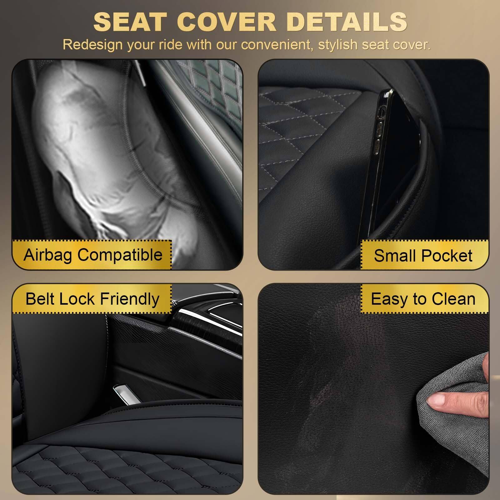 SEAT COVER DETAILS

Redesign your ride with our convenient, stylish seat cover.

- Airbag Compatible
- Belt Lock Friendly
- Small Pocket
- Easy to Clean