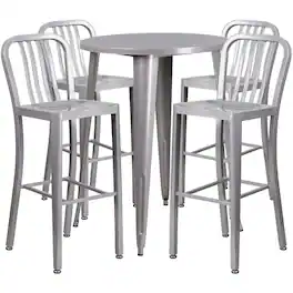 Emma + Oliver - Commercial 30" Round Metal Indoor-Outdoor Bar Table Set & 4 Slat Back Stools - Silver