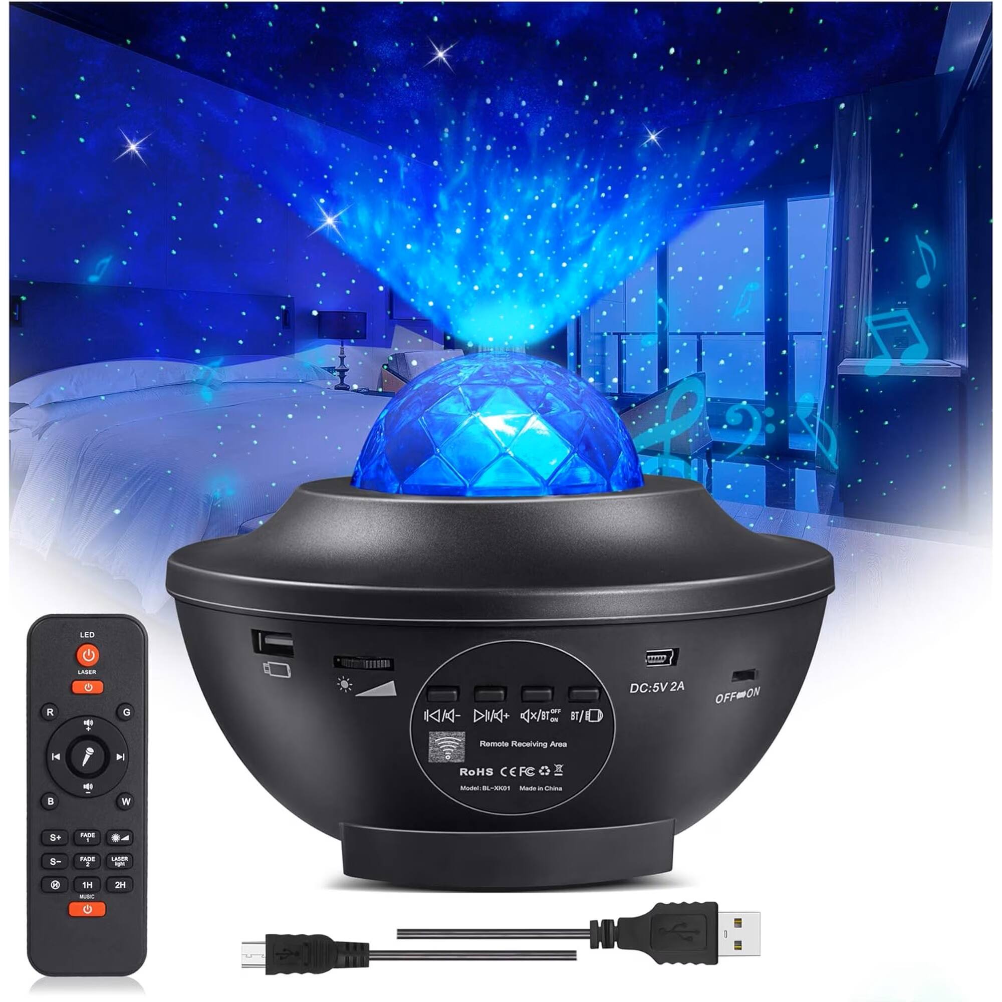 LED
R
LASER
G
DAKI+ 57/0
DC:5V 2A
OFF/ON
K B

H W
Remote Receiving Area RoHS CE FE ox Model: BL-XX01 K Made in China
S+
JACK
S-
FROM 2
uoct 
1H
2H
MUDO 0
CL