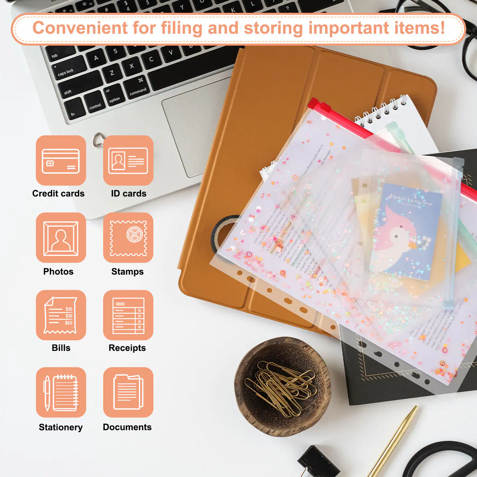 Convenient for filing and storing important items!

- Credit cards
- ID cards
- Photos
- Stamps
- Bills
- Receipts
- Stationery
- Documents